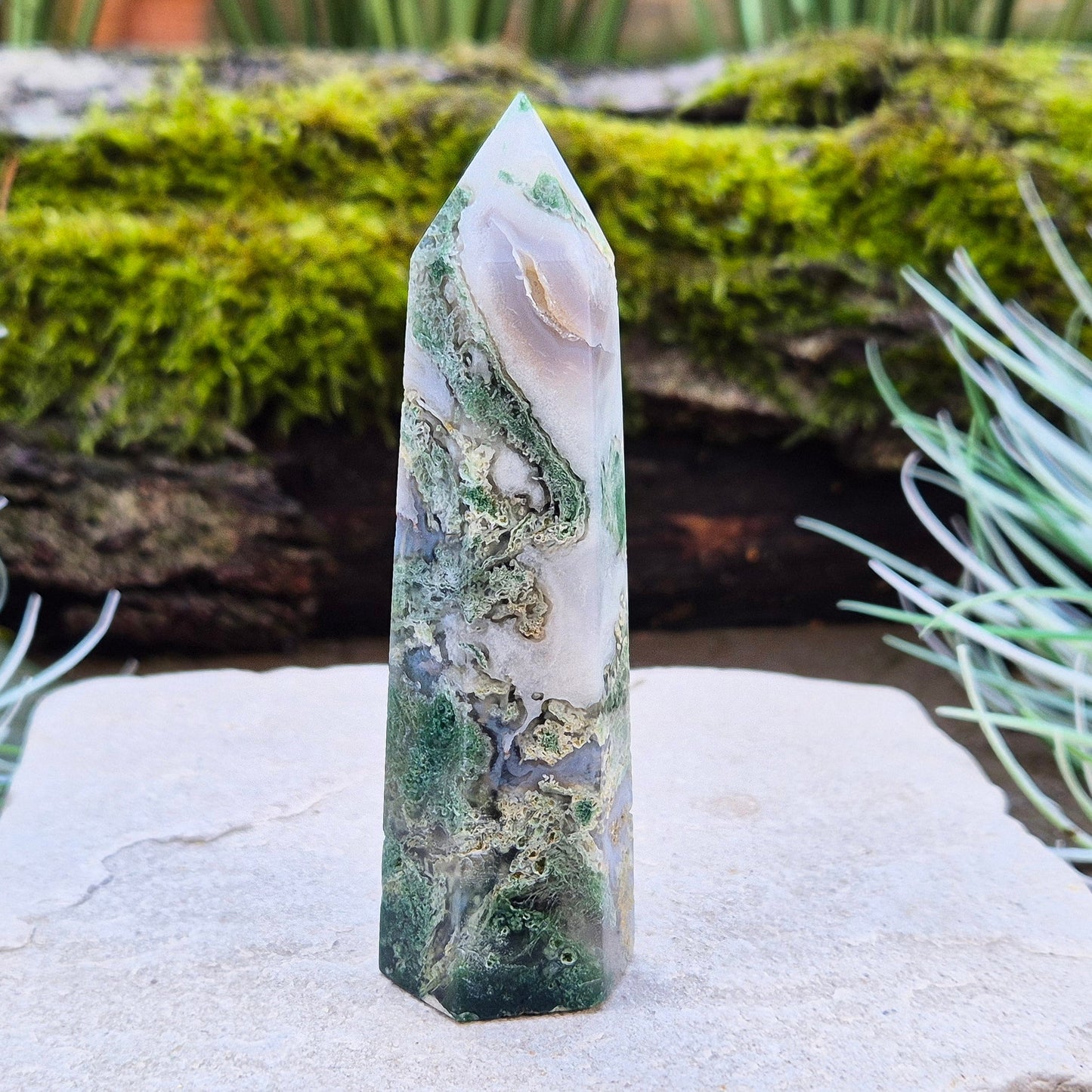 Moss Agate Crystal Tower