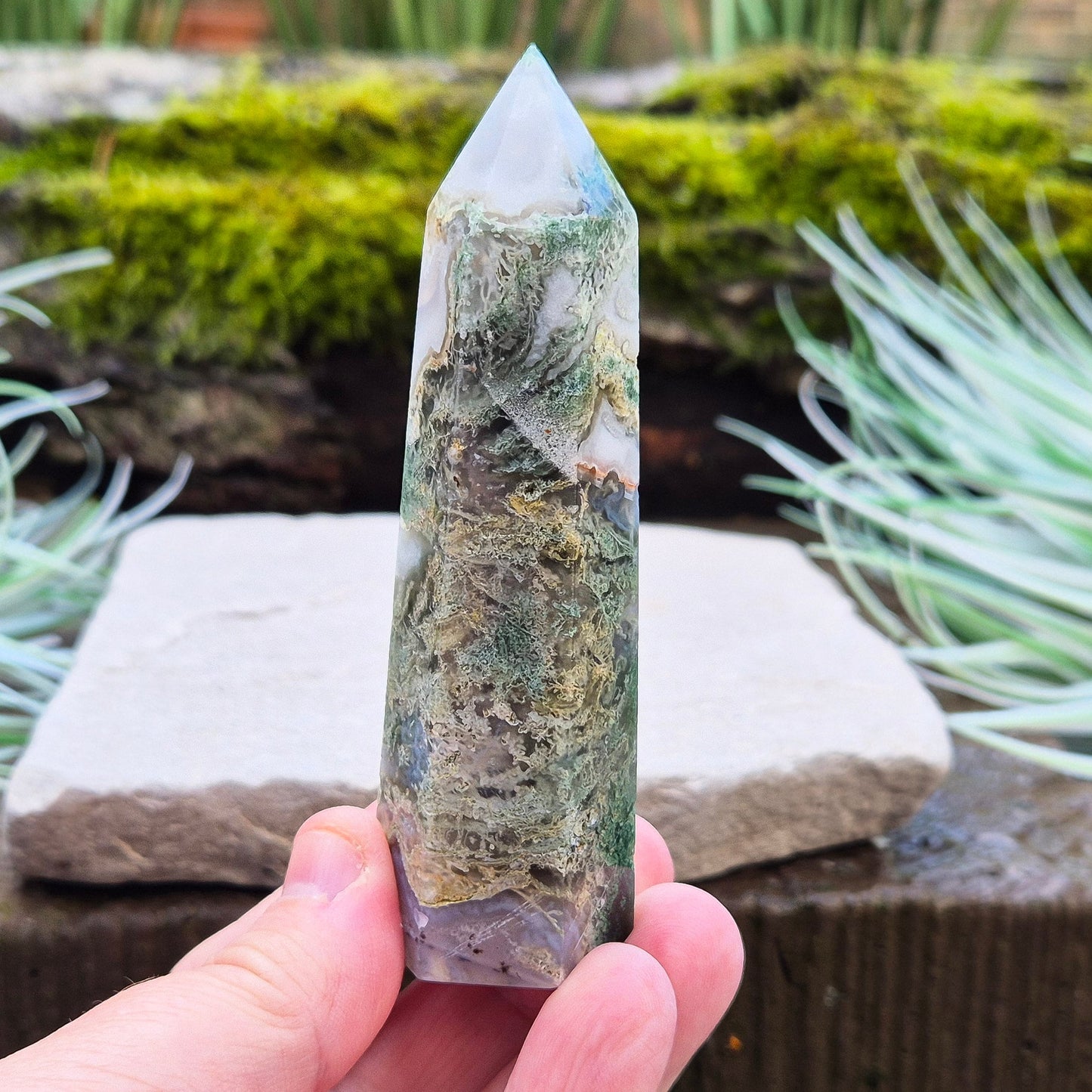 Moss Agate Crystal Tower