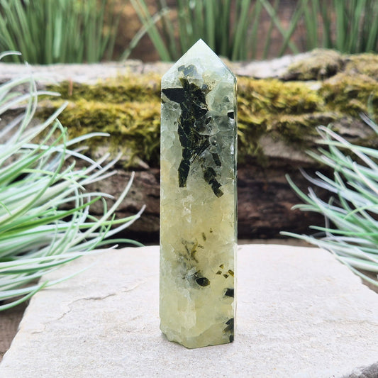 Prehnite with Epidote Crystal Tower, point is a 6 sided Generator. Has a few small natural cavities. 