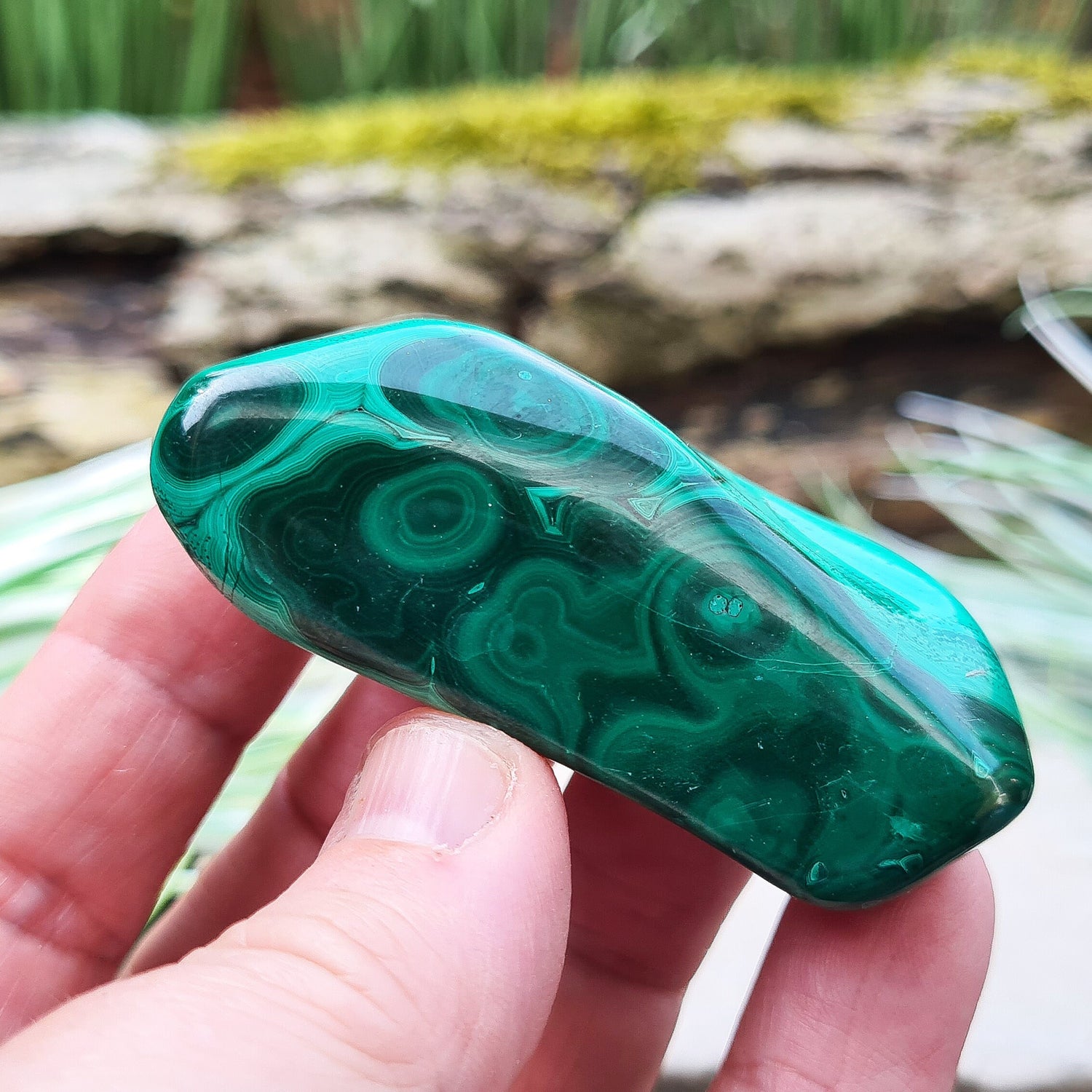 Malachite Crystal Freeform from the Congo. Polished Malachite which has wonderful green markings.