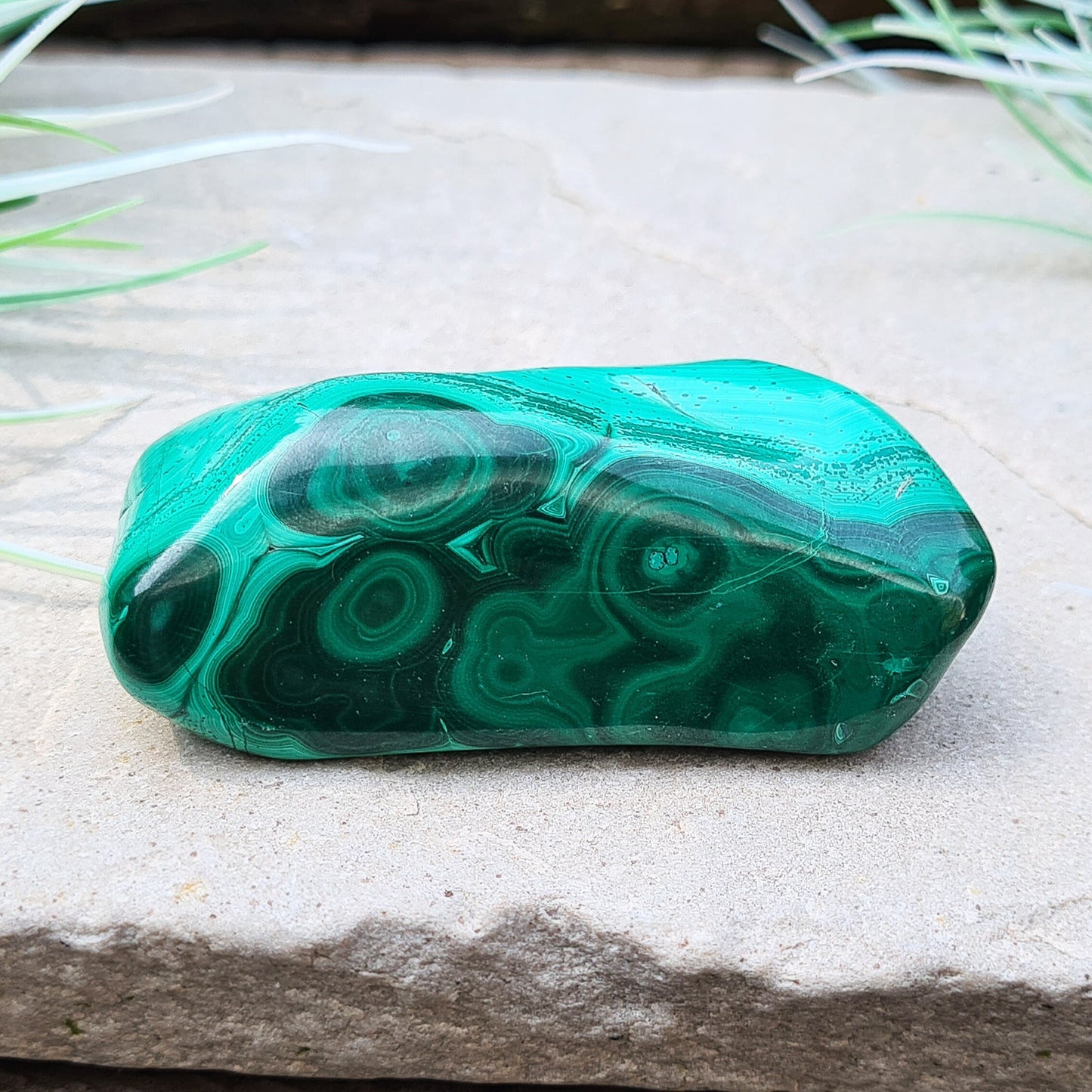 Malachite Crystal Freeform from the Congo. Polished Malachite which has wonderful green markings.