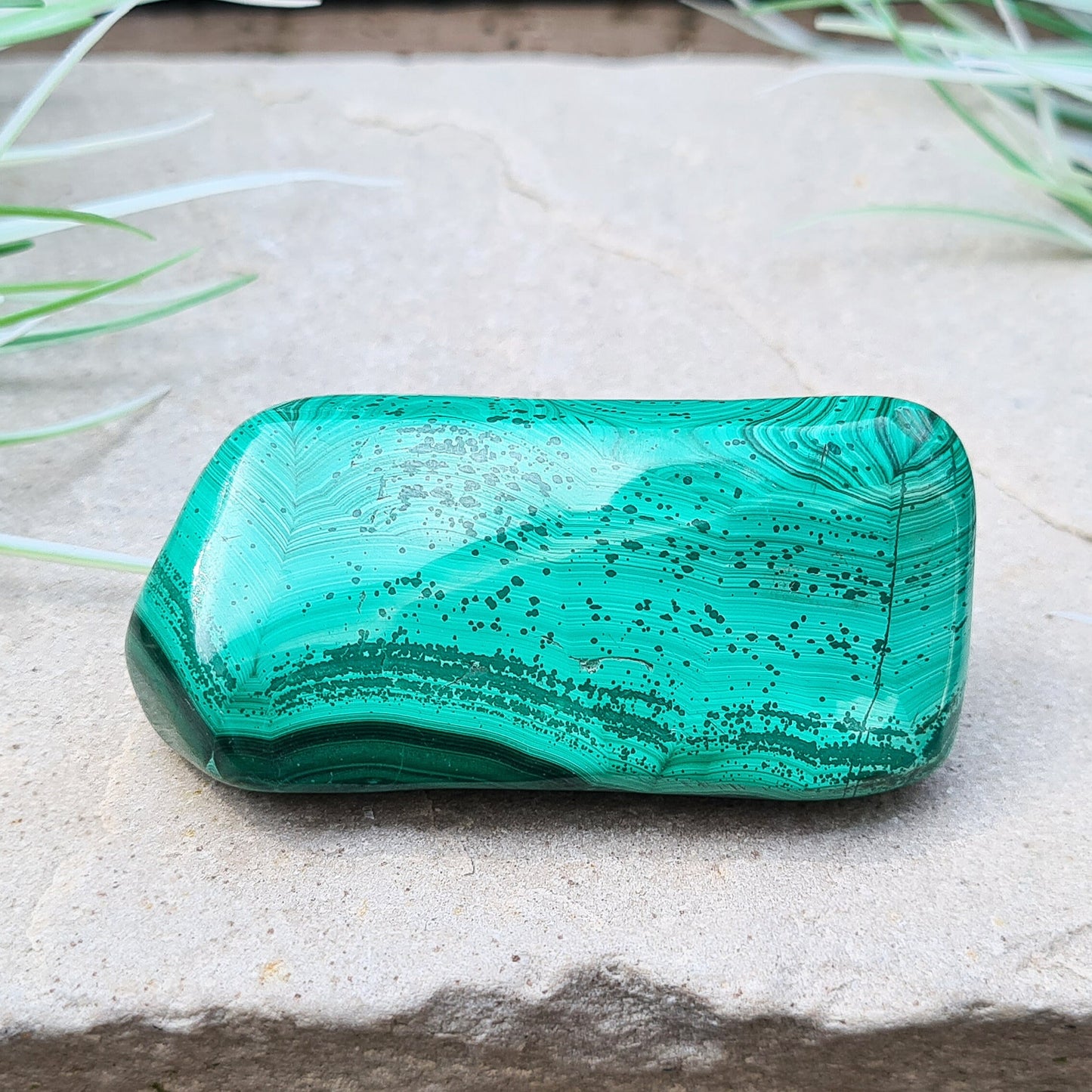 Malachite Crystal Freeform from the Congo. Polished Malachite which has wonderful green markings.