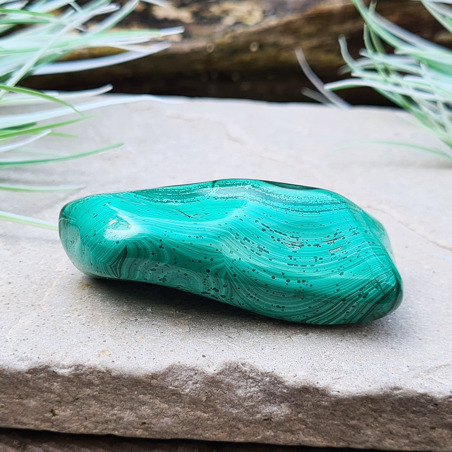 Malachite Crystal Freeform from the Congo. Polished Malachite which has wonderful green markings.