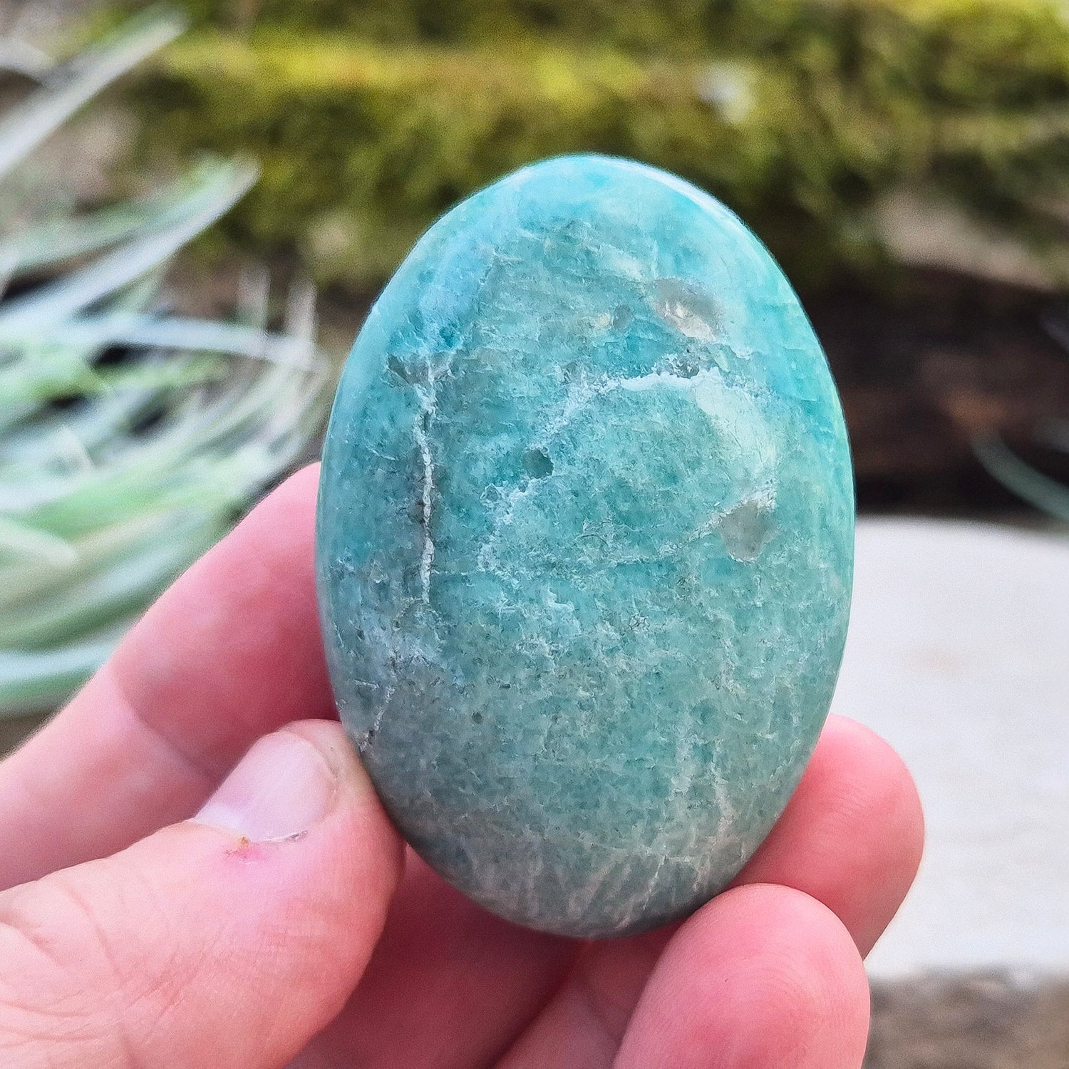 Graphic Amazonite Crystal Palm Stone, Smoky Quartz and Amazonite Crystal, from Madagascar. Wonderful Amazonite with a few areas of Smoky Quartz, highly polished, great colouring, great quality.