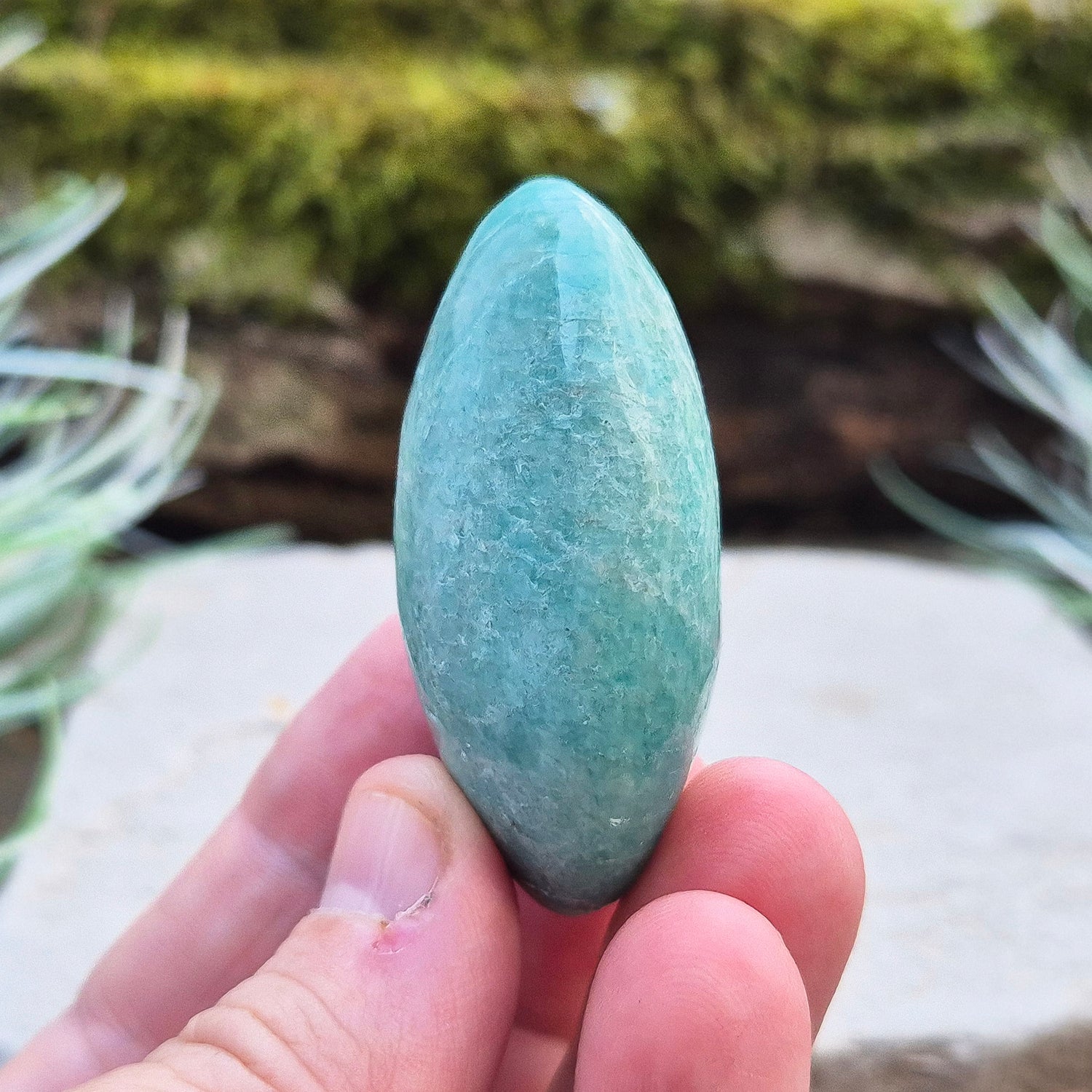 Graphic Amazonite Crystal Palm Stone, Smoky Quartz and Amazonite Crystal, from Madagascar. Wonderful Amazonite with a few areas of Smoky Quartz, highly polished, great colouring, great quality.