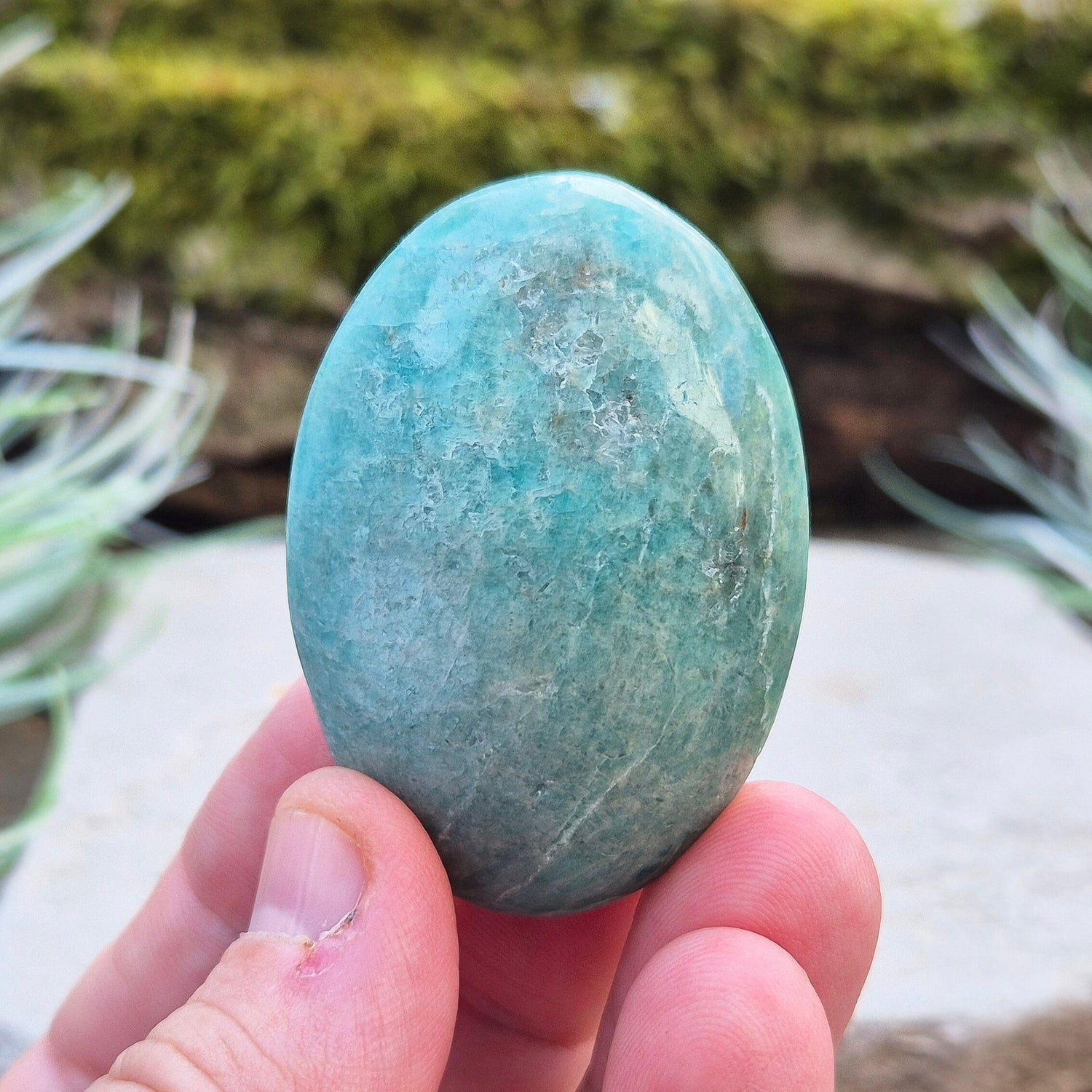 Graphic Amazonite Crystal Palm Stone, Smoky Quartz and Amazonite Crystal, from Madagascar. Wonderful Amazonite with a few areas of Smoky Quartz, highly polished, great colouring, great quality.