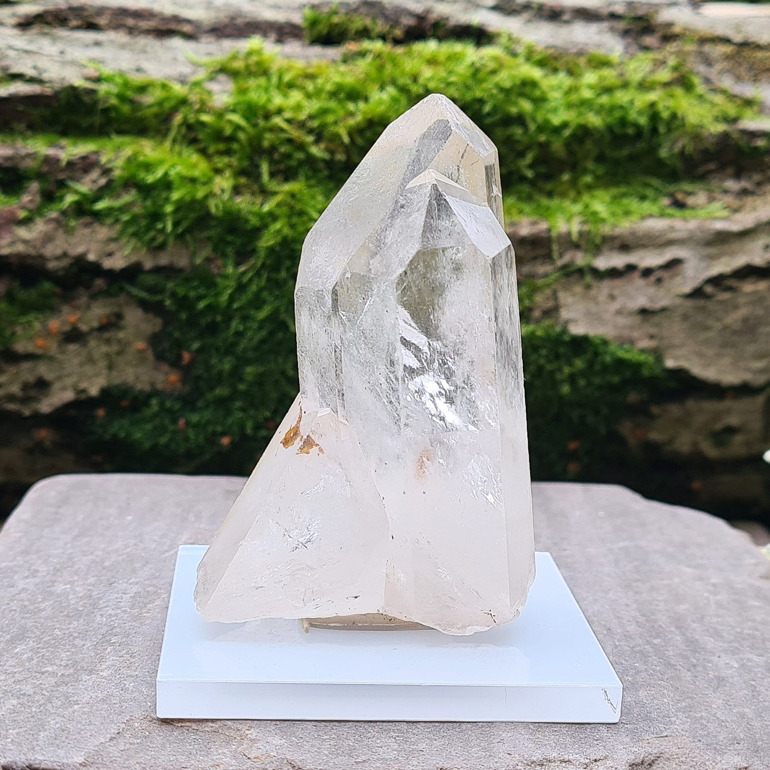 Madagascan Quartz Crystal Cluster with 2 points growing along side each other, I will include a clear acrylic stand and some tac so you can stand it up.