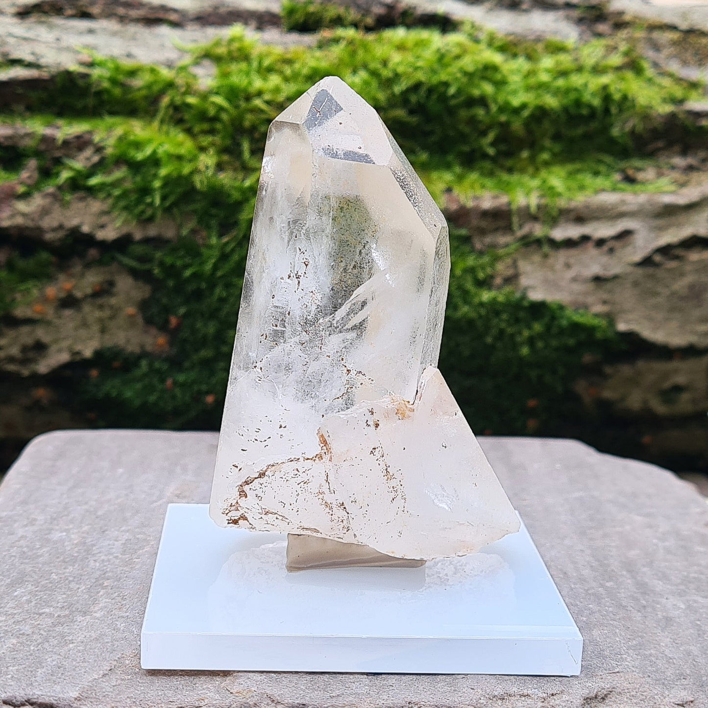 Madagascan Quartz Crystal Cluster with 2 points growing along side each other, I will include a clear acrylic stand and some tac so you can stand it up.