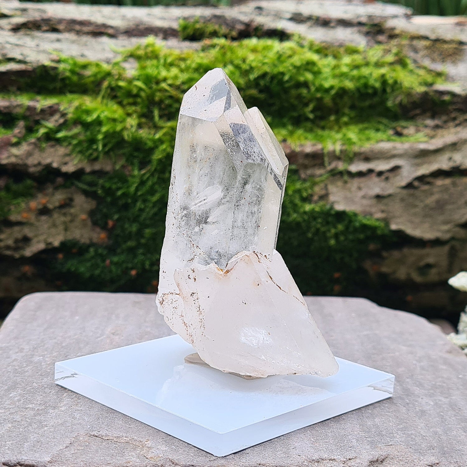 Madagascan Quartz Crystal Cluster with 2 points growing along side each other, I will include a clear acrylic stand and some tac so you can stand it up.