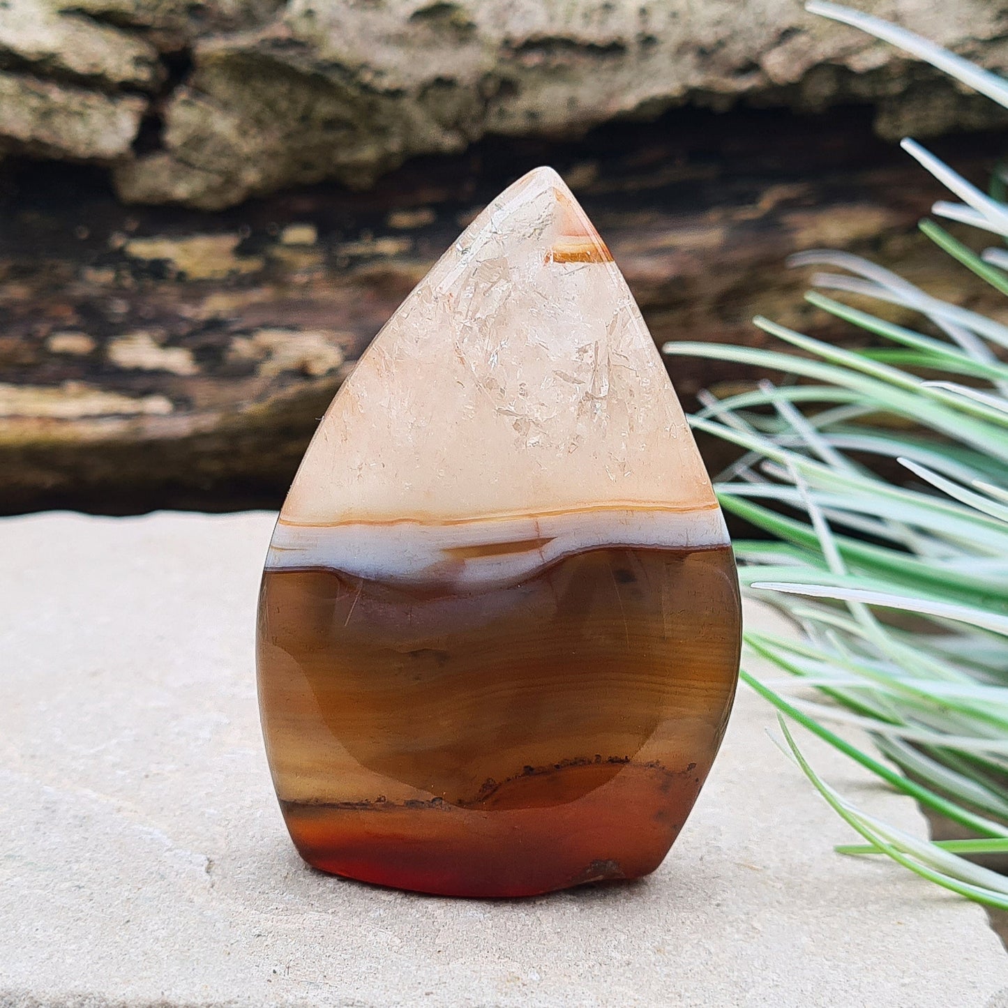 Agate Crystal Flame from Brazil, with stunning natural colouring bottom half and crystalline quartz top half.