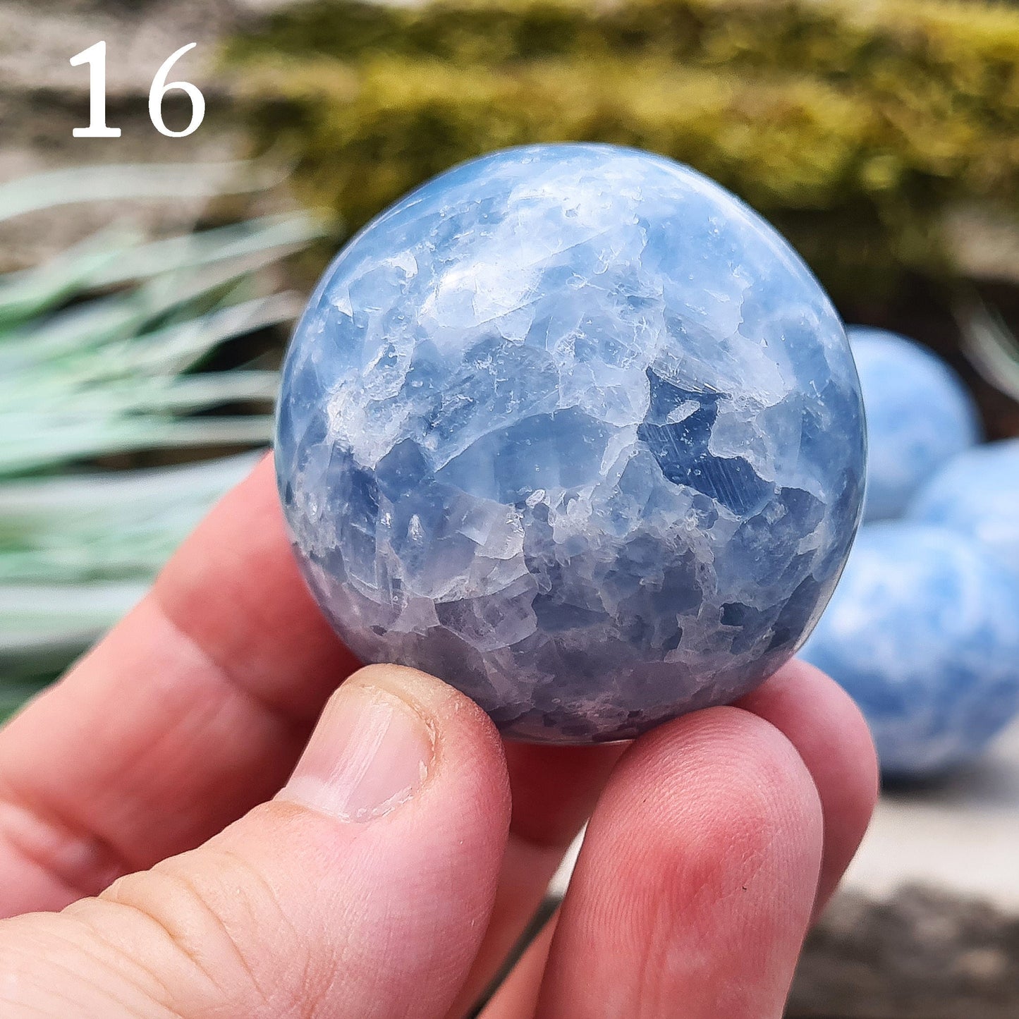 Blue Calcite Crystal, polished from Madagascar. These are a lovely bright blue colour. Almost spherical. Great size to be used in many ways.