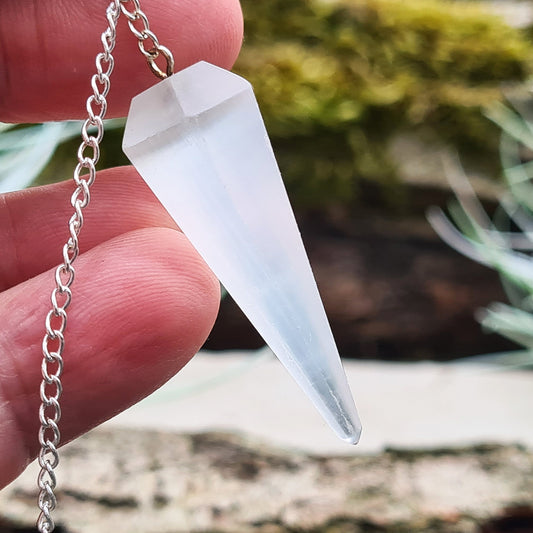 Selenite Crystal Pendulum, Crystal Dowser, with box or organza pouch to keep it in