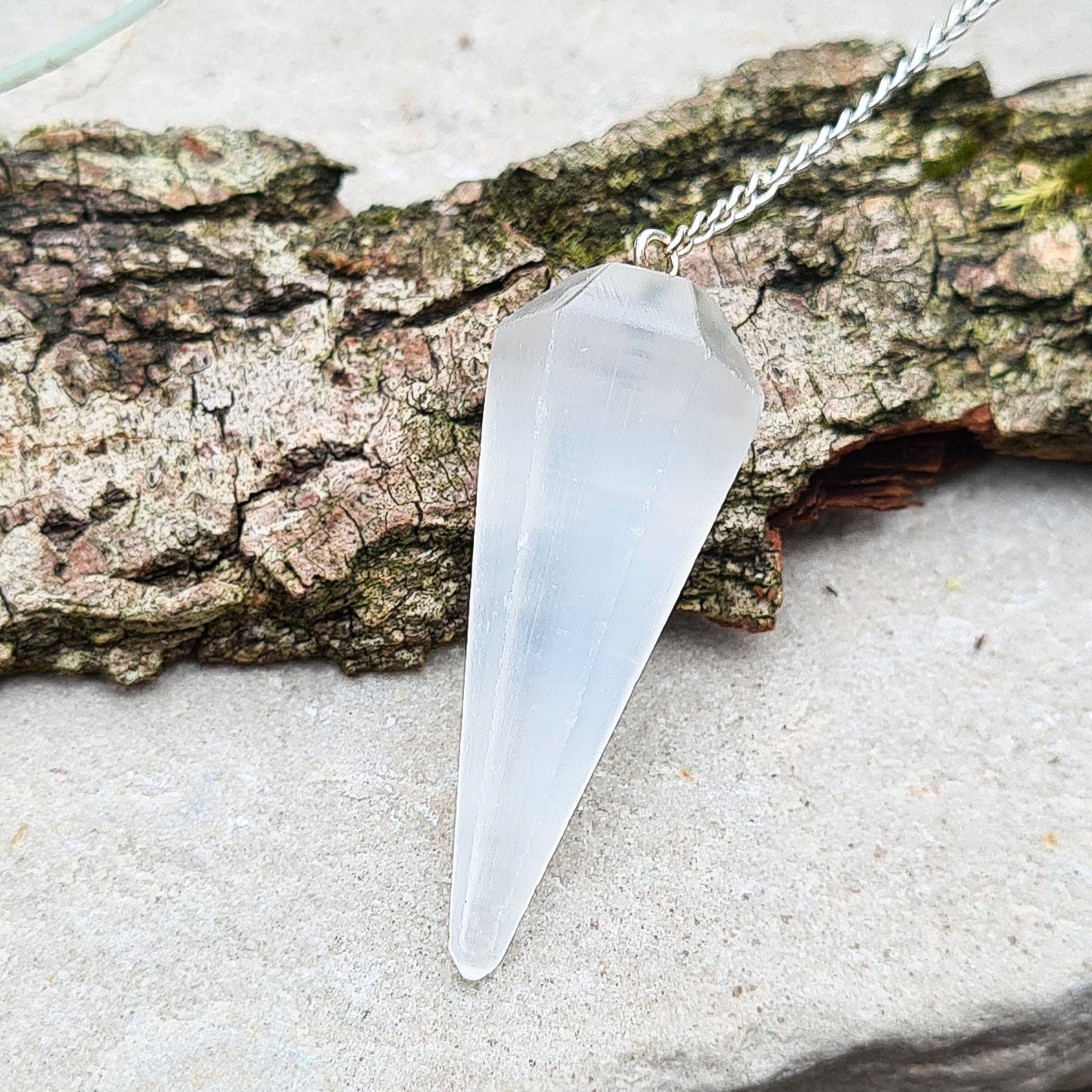 Selenite Crystal Pendulum, Crystal Dowser, with box or organza pouch to keep it in