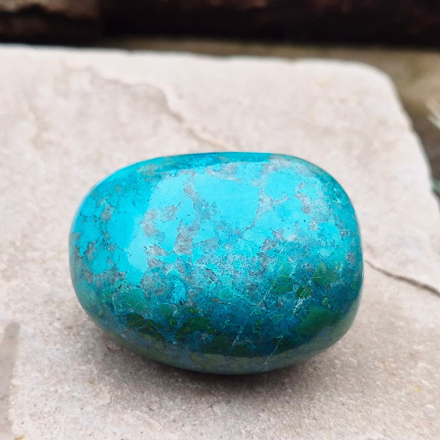 Chrysocolla Crystal Freeform from Mina Justa, Ica Region, Peru. Wonderful blue green patterning and colouring. Lovely quality.