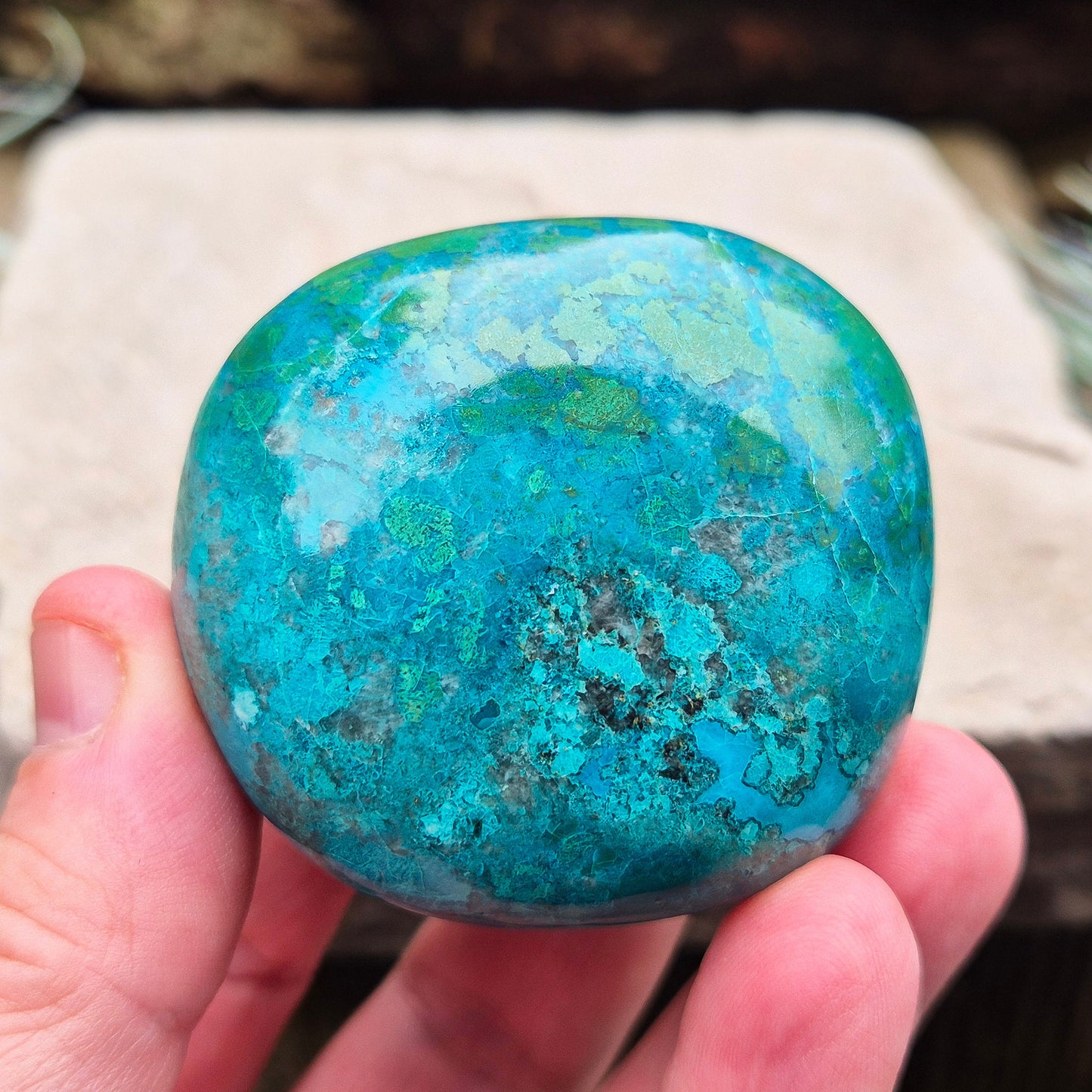 Chrysocolla Crystal Freeform from Mina Justa, Ica Region, Peru. Wonderful blue green patterning and colouring. Lovely quality.