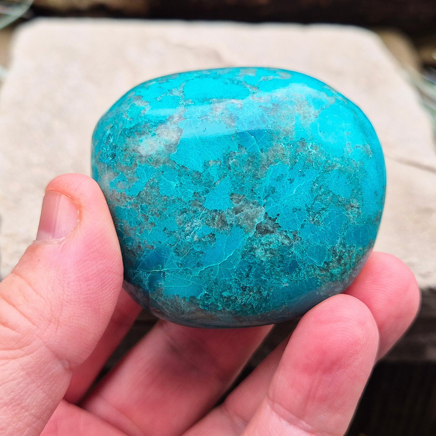 Chrysocolla Crystal Freeform from Mina Justa, Ica Region, Peru. Wonderful blue green patterning and colouring. Lovely quality.