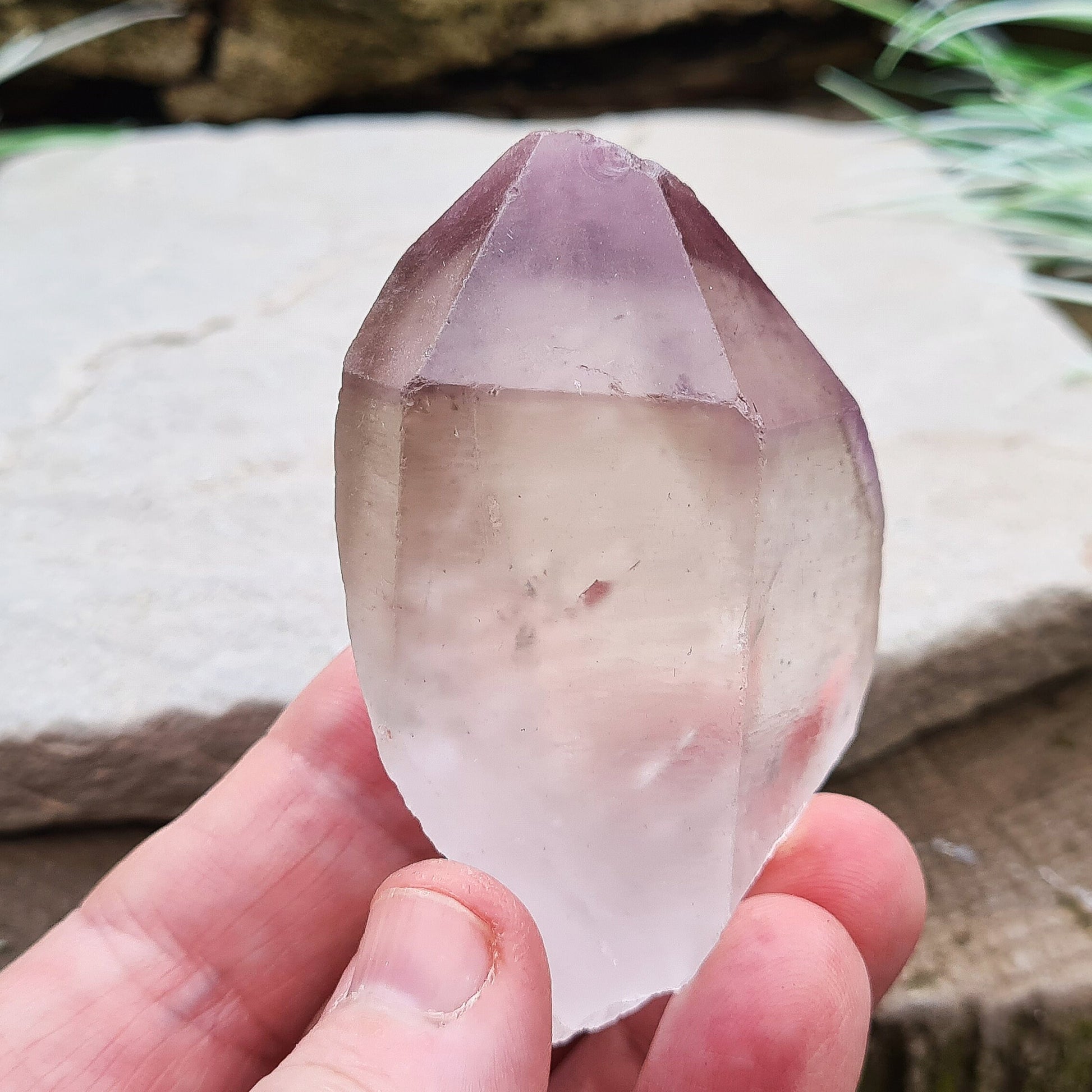 Quartz and Amethyst Crystal Point from Madagascar, Natural. One of the faces has a 5 sided Isis face. 