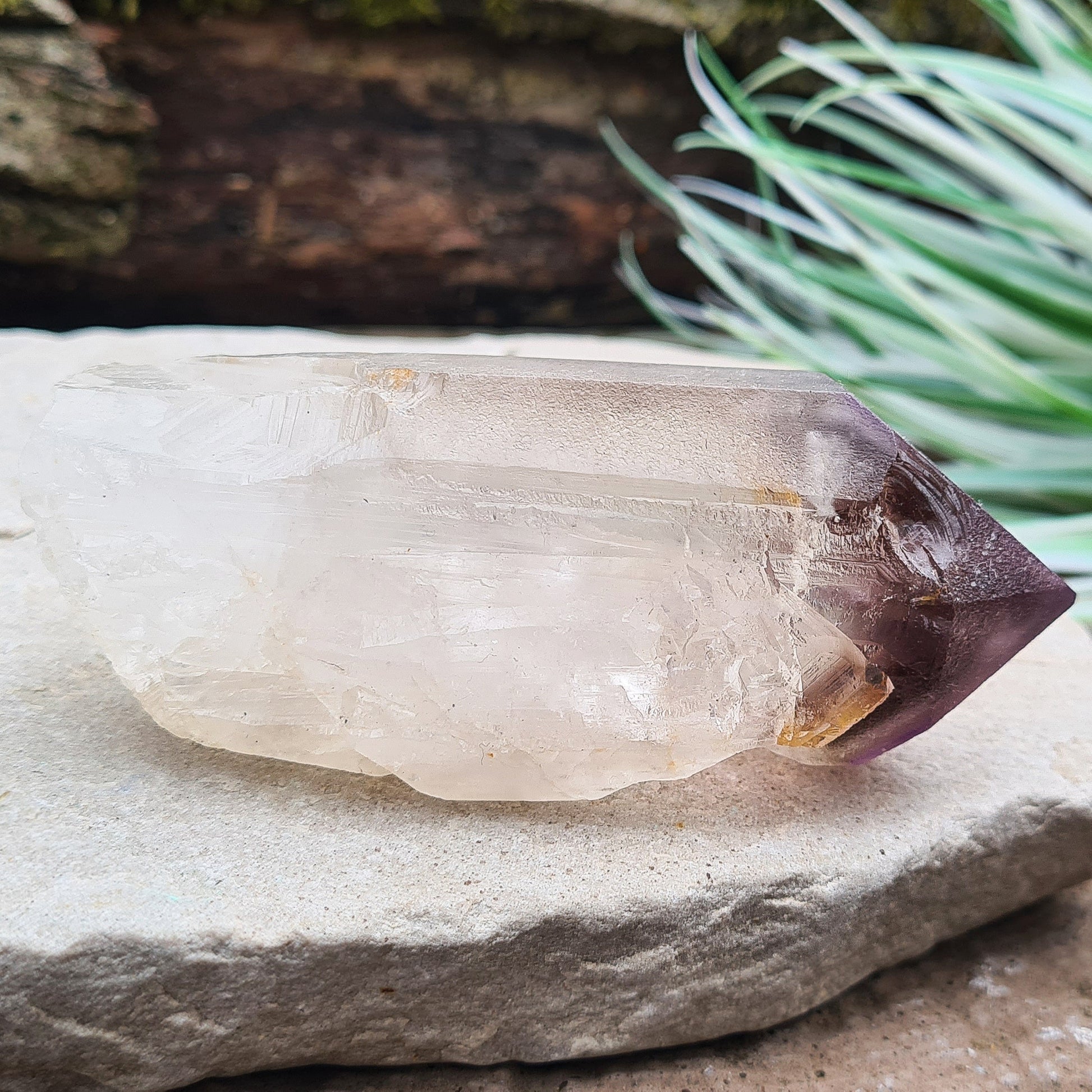 Quartz Point with Smoky Amethyst Tip from Madagascar. 