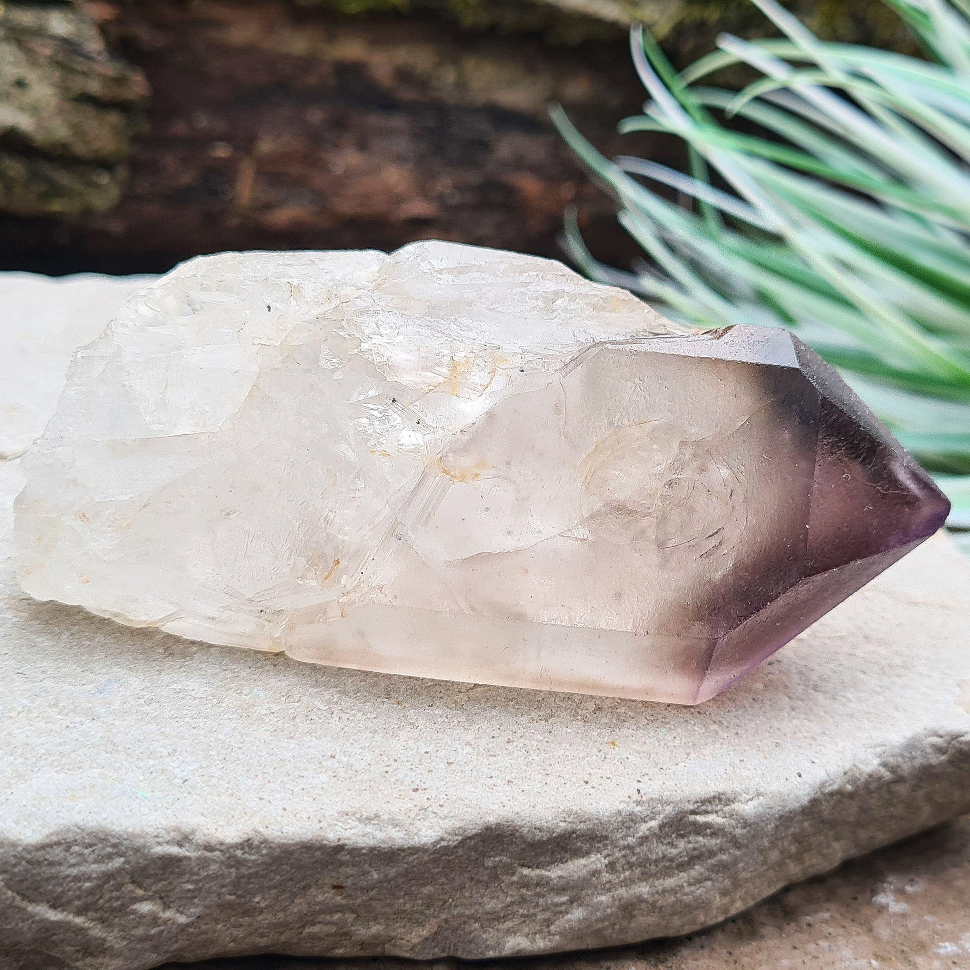 Quartz Point with Smoky Amethyst Tip from Madagascar. 