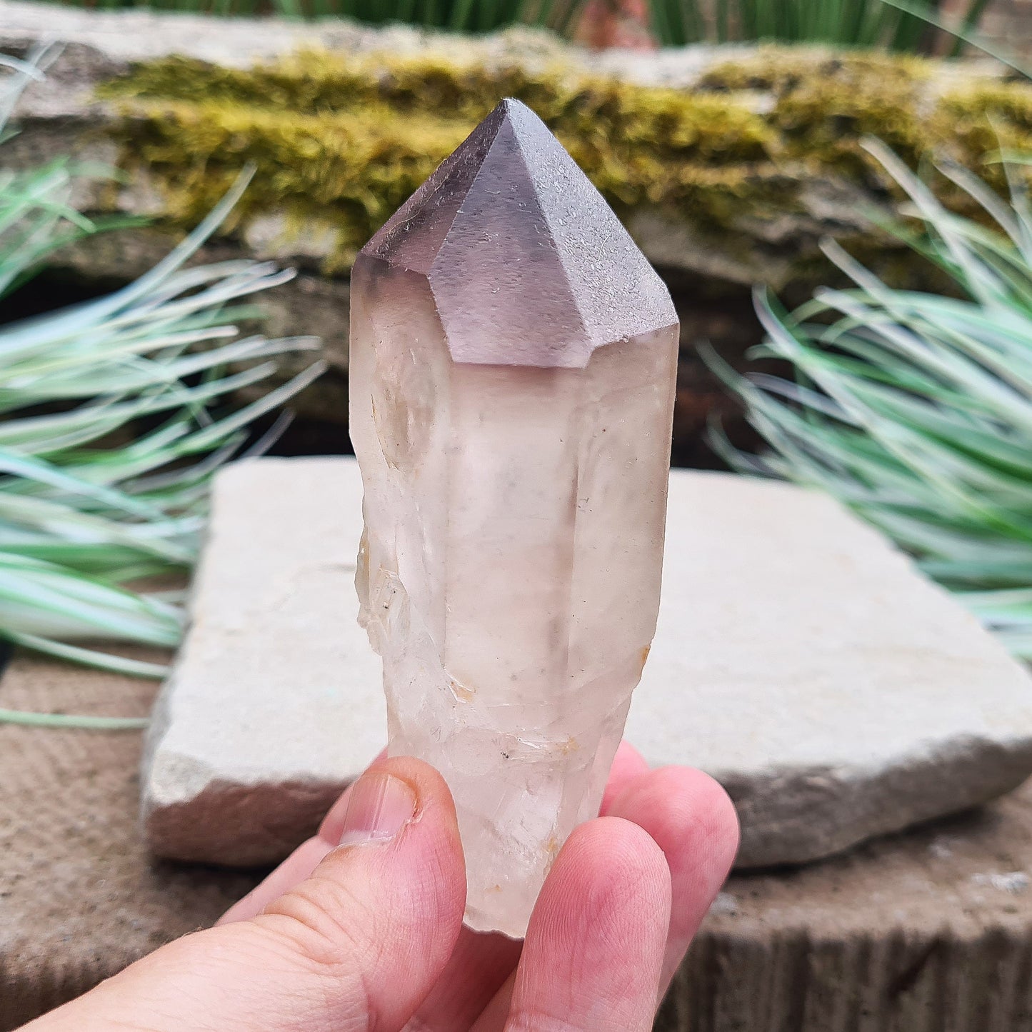 Quartz Point with Smoky Amethyst Tip from Madagascar. 
