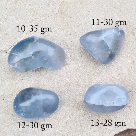 Celestite Crystals, Polished, from Madagascar. Lovely blue crystal colouring, polished smooth. Also known as Celestine.