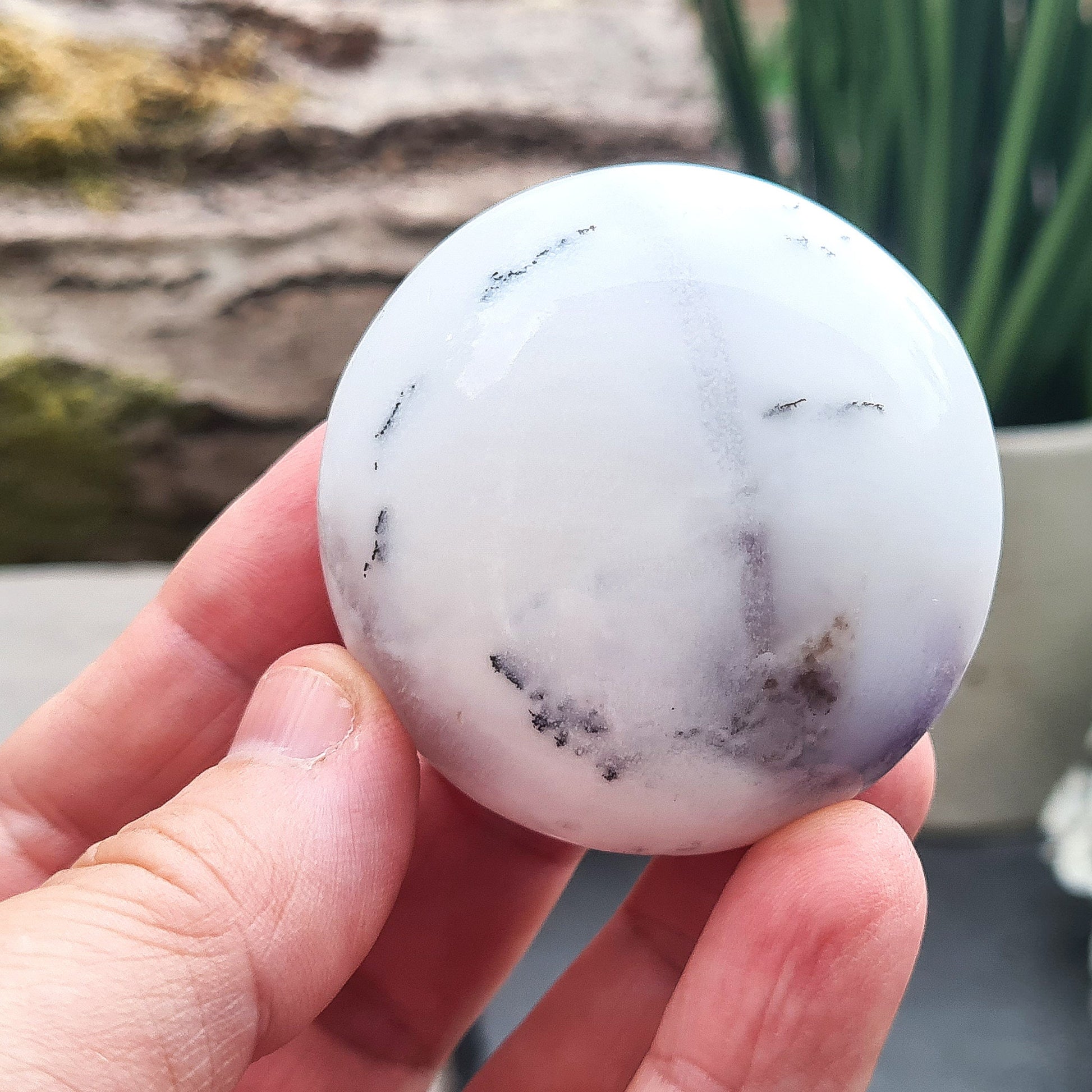 Merlinite Crystal from Madagascar. Fabulous, off white, grey and Lavender colouring. Merlinite Crystals are made up of White Opal and dendritic (fern like) inclusions