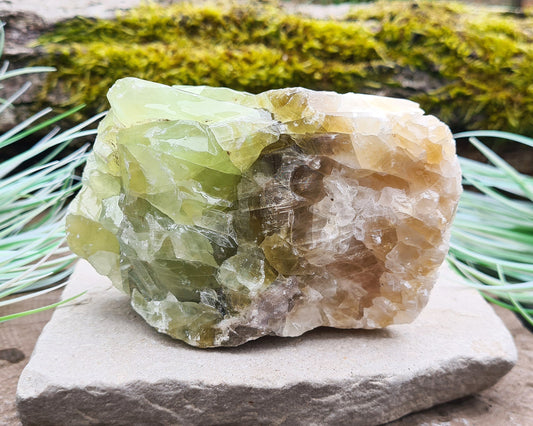 Natural piece of Green Calcite Crystal. Originally from Mexico. Lovely green, white and pale brown. Will self stand on one of the longer sides.