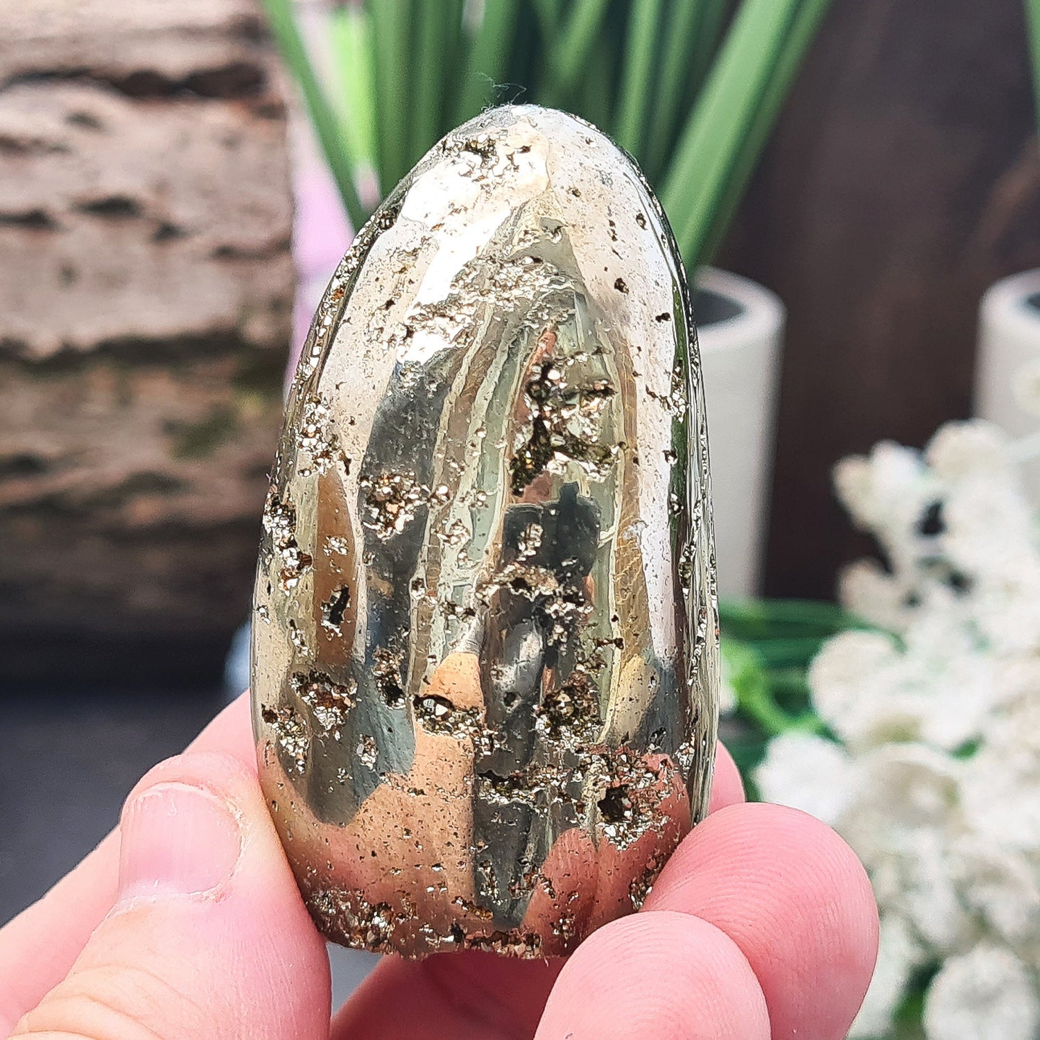 Pyrite Crystal Freeform, from Brazil, also known as Fools Gold or Iron Pyrite. Really lovely part polished free form with some sparkly 'druzy' pyrite formations