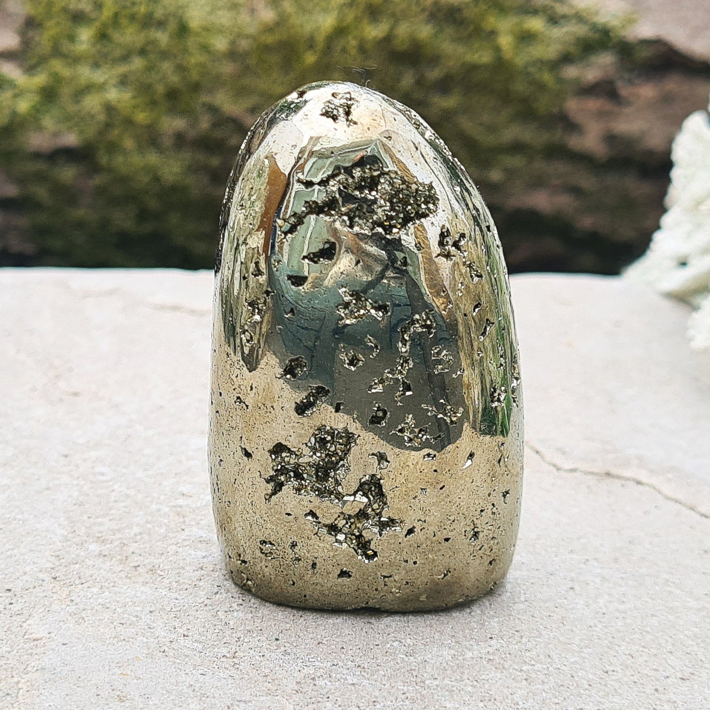 Pyrite Crystal Freeform, from Brazil, also known as Fools Gold or Iron Pyrite. Really lovely part polished free form with some sparkly 'druzy' pyrite formations