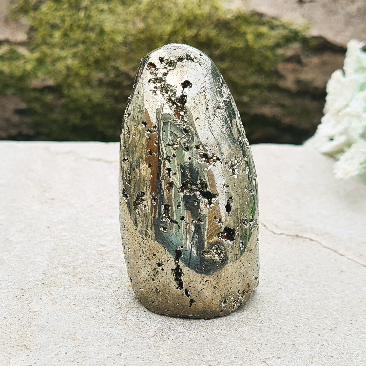 Pyrite Crystal Freeform, from Brazil, also known as Fools Gold or Iron Pyrite. Really lovely part polished free form with some sparkly 'druzy' pyrite formations