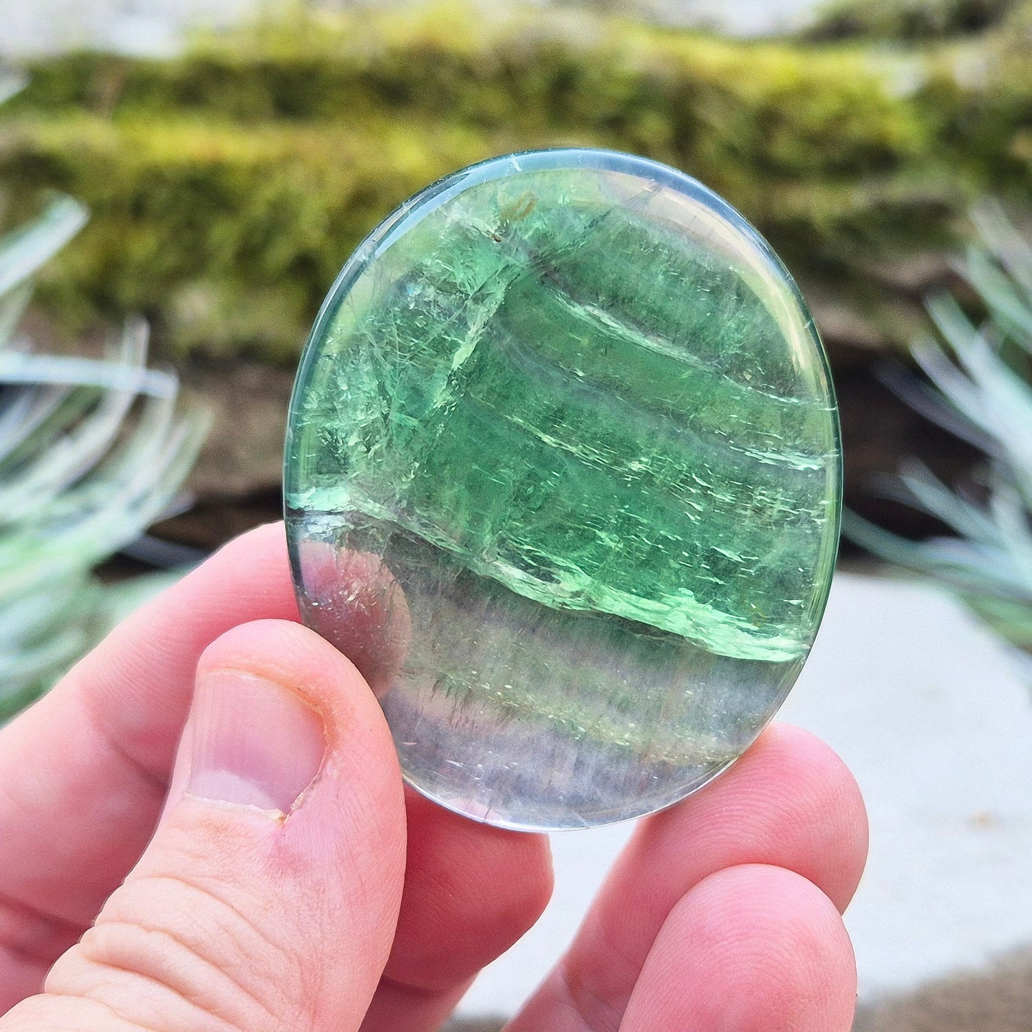 Green Fluorite Crystal Palm Stone. Lovely green colour. From China.