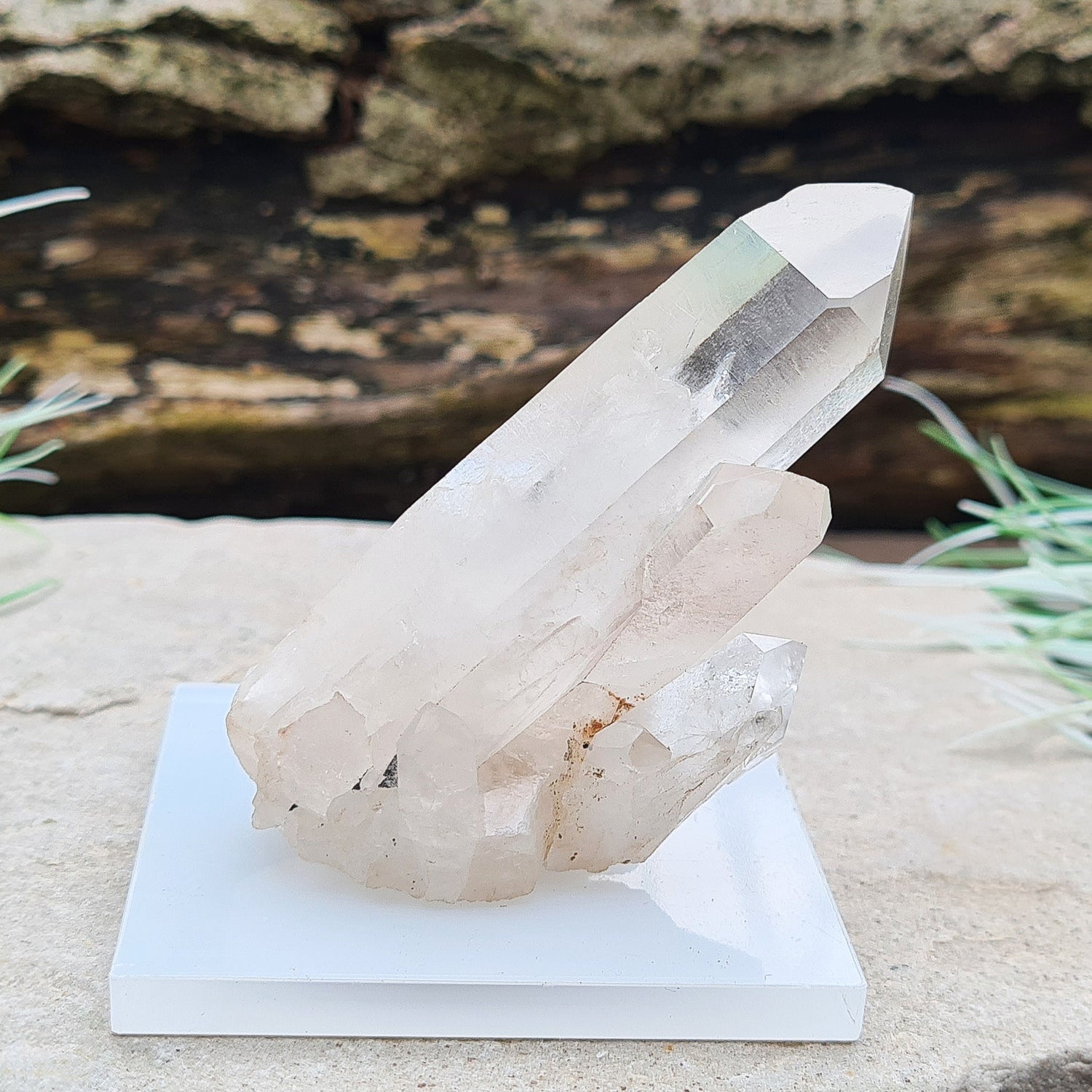 Madagascan Quartz Crystal Cluster with 1 large point and a few smaller points at its base.