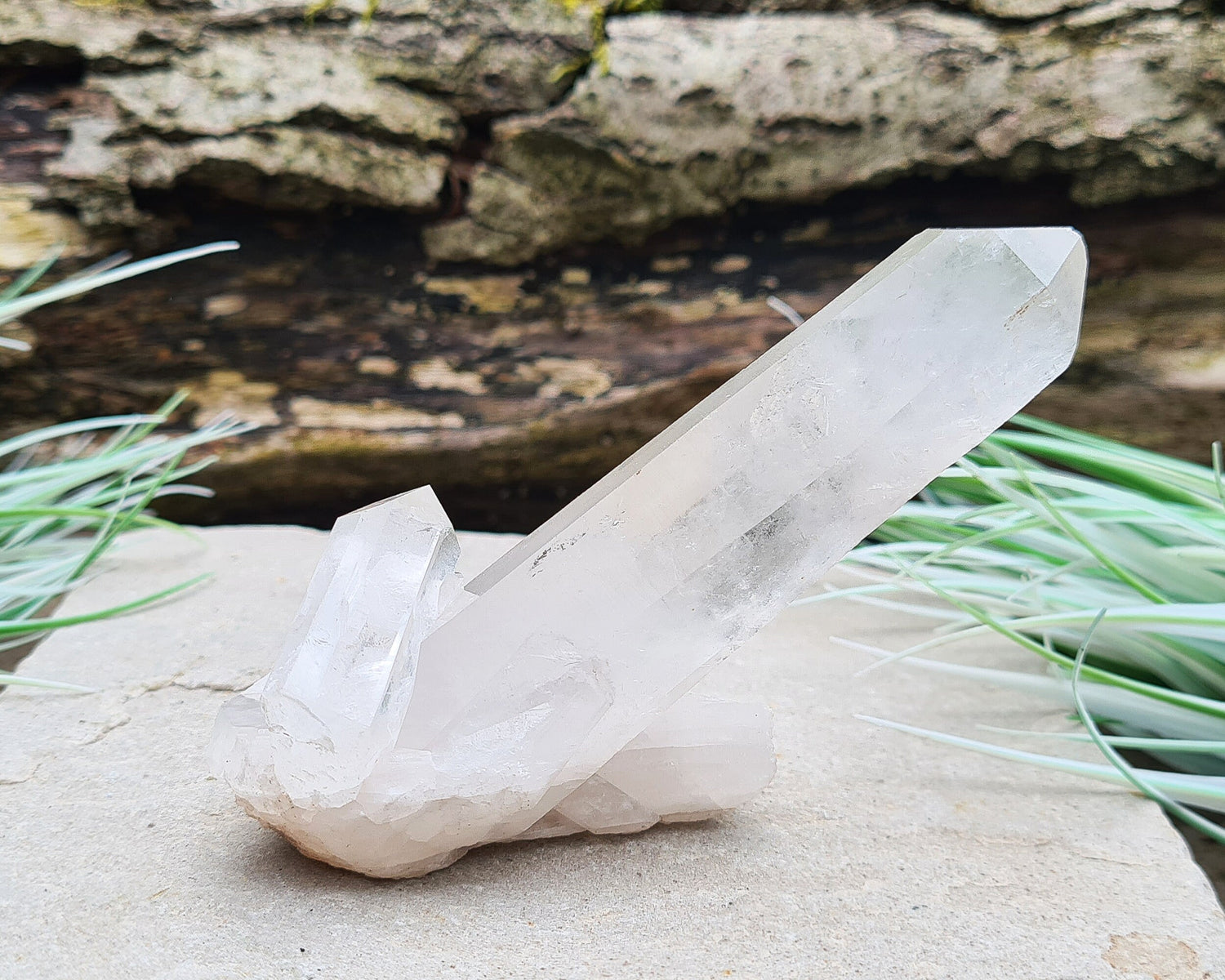 Madagascan Quartz Crystal Cluster with 1 large point and a couple of smaller points at its base. It will self stand.