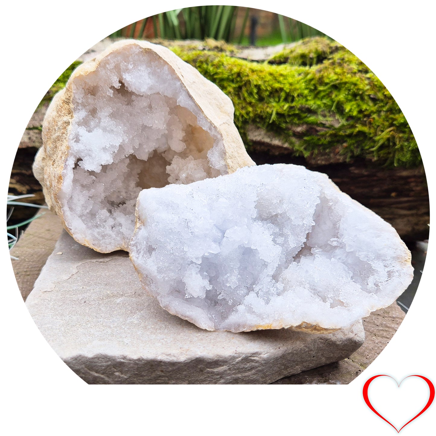 White Quartz Crystal Geode Pair, from Morocco. Lovely sparkling white quartz crystal formations in both sections of the geode. Each one can sit on a flat surface on its own.