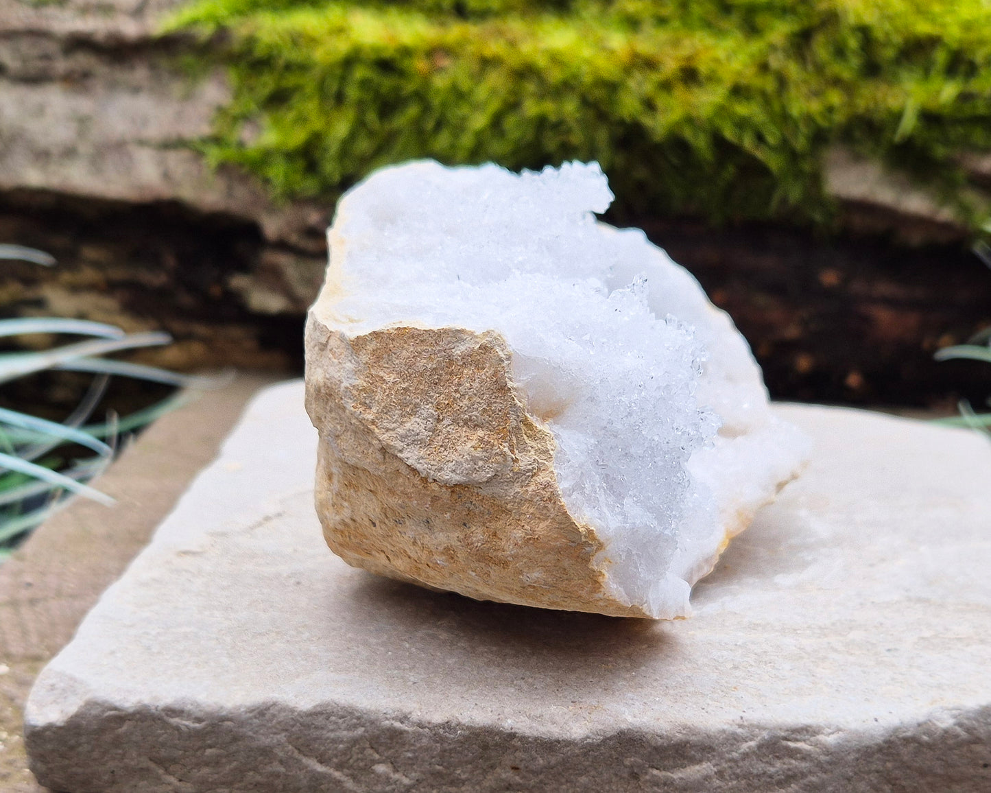 White Quartz Crystal Geode Pair, from Morocco. Lovely sparkling white quartz crystal formations in both sections of the geode. Each one can sit on a flat surface on its own.