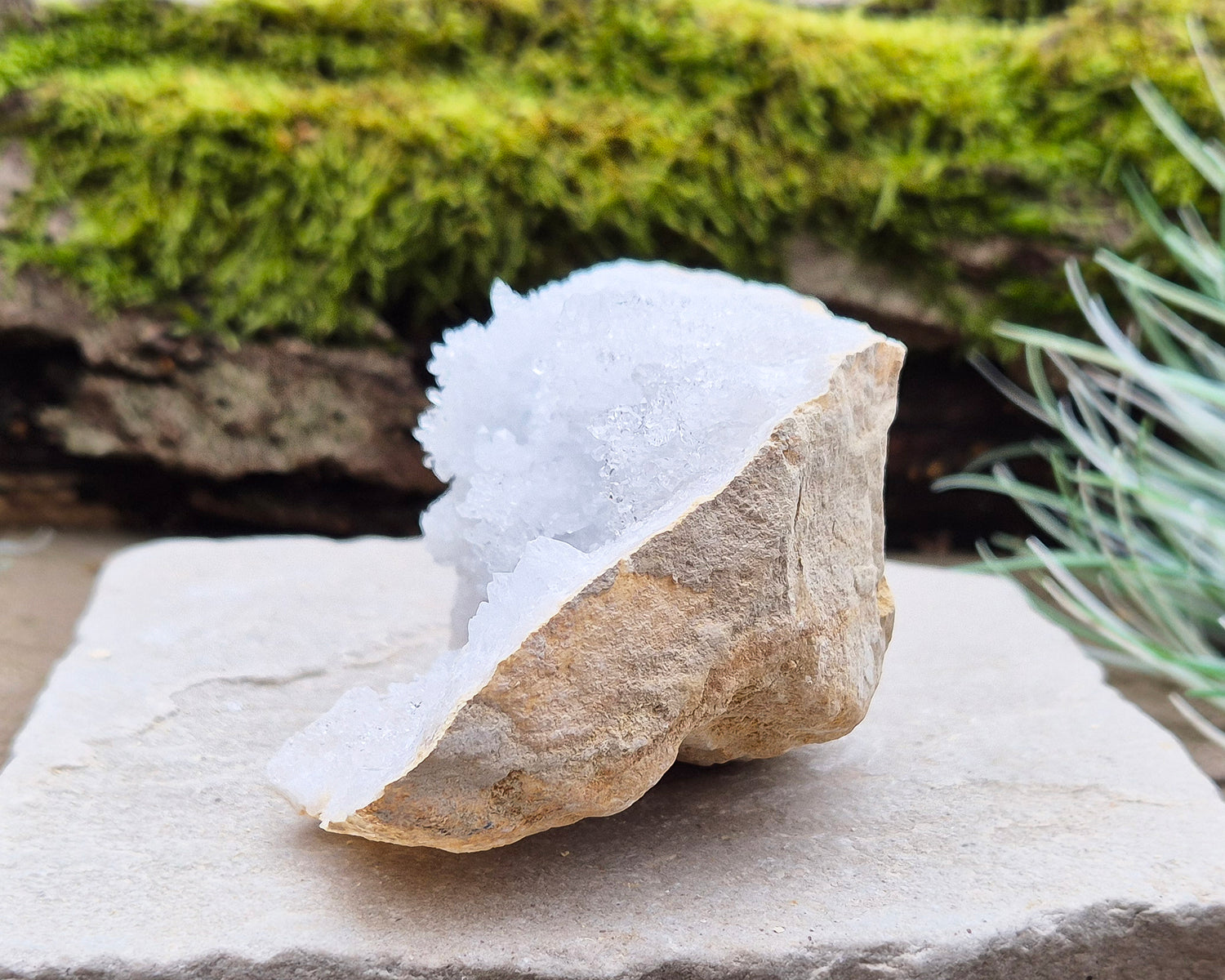 White Quartz Crystal Geode Pair, from Morocco. Lovely sparkling white quartz crystal formations in both sections of the geode. Each one can sit on a flat surface on its own.