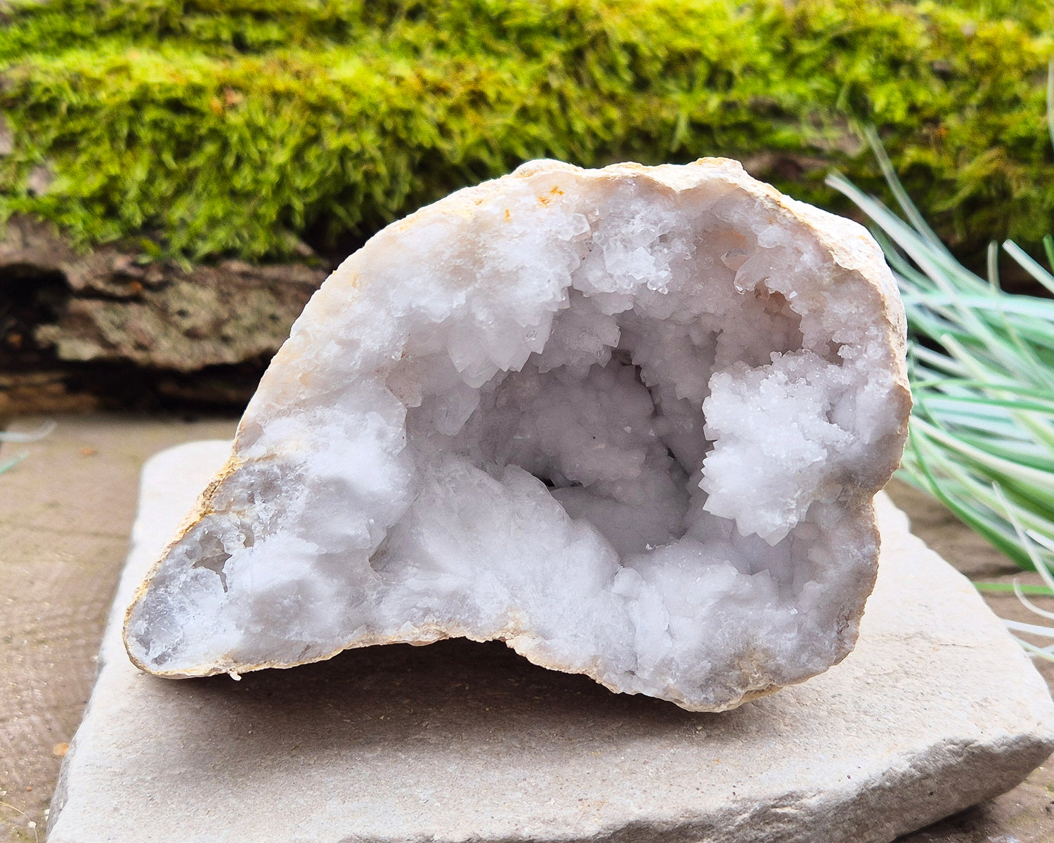 White Quartz Crystal Geode Pair, from Morocco. Lovely sparkling white quartz crystal formations in both sections of the geode. Each can sit on a flat surface on its own.