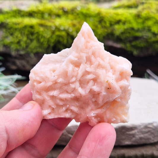 Pink Dolomite Crystal Cluster also known as Pearl Spa Dolomite Crystal Cluster, originally from Sidi Boubker, Morocco. The dolomite crystal is a pale peachy pink, shiny and crystalline. Very sparkly.