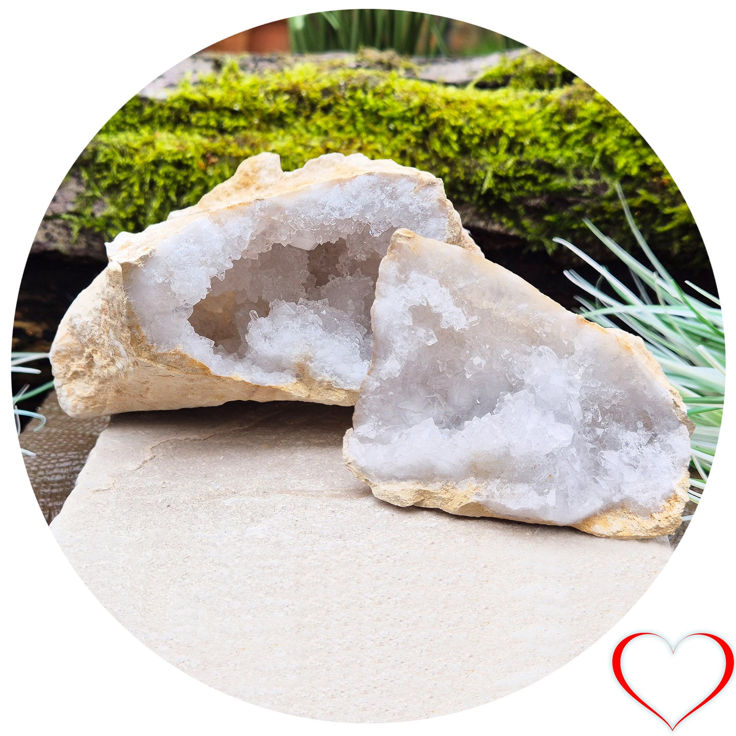 White Quartz Crystal Geode Pair, from Morocco. Lovely sparkling white quartz crystal formations in both sections of the geode. Both pieces self stand.