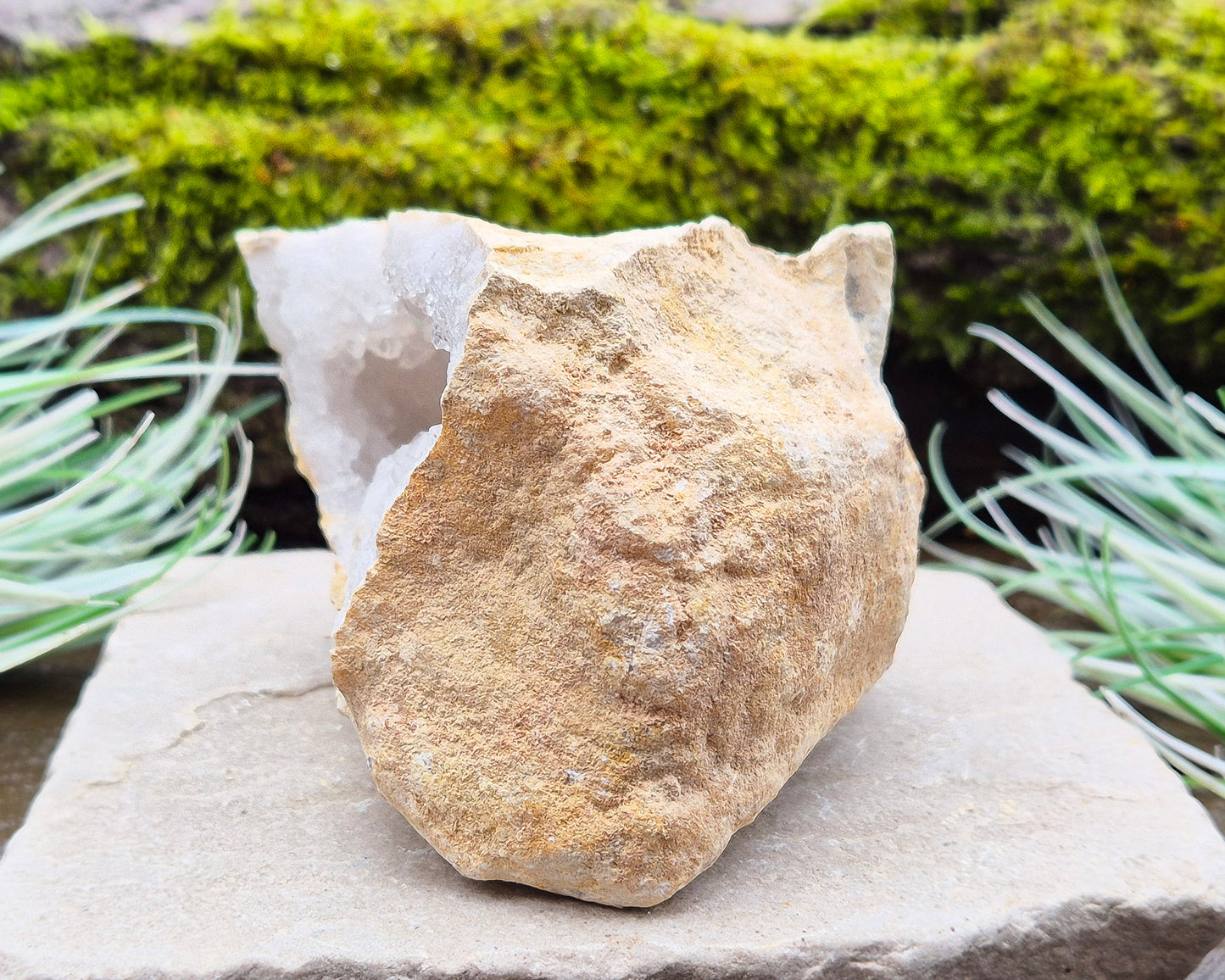 White Quartz Crystal Geode Pair, from Morocco. Lovely sparkling white quartz crystal formations in both sections of the geode. Both pieces self stand.