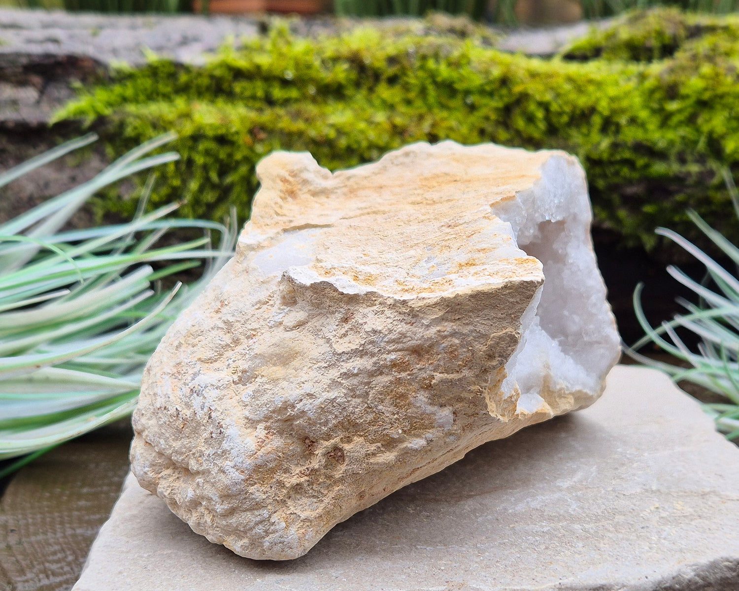 White Quartz Crystal Geode Pair, from Morocco. Lovely sparkling white quartz crystal formations in both sections of the geode. Both pieces self stand.