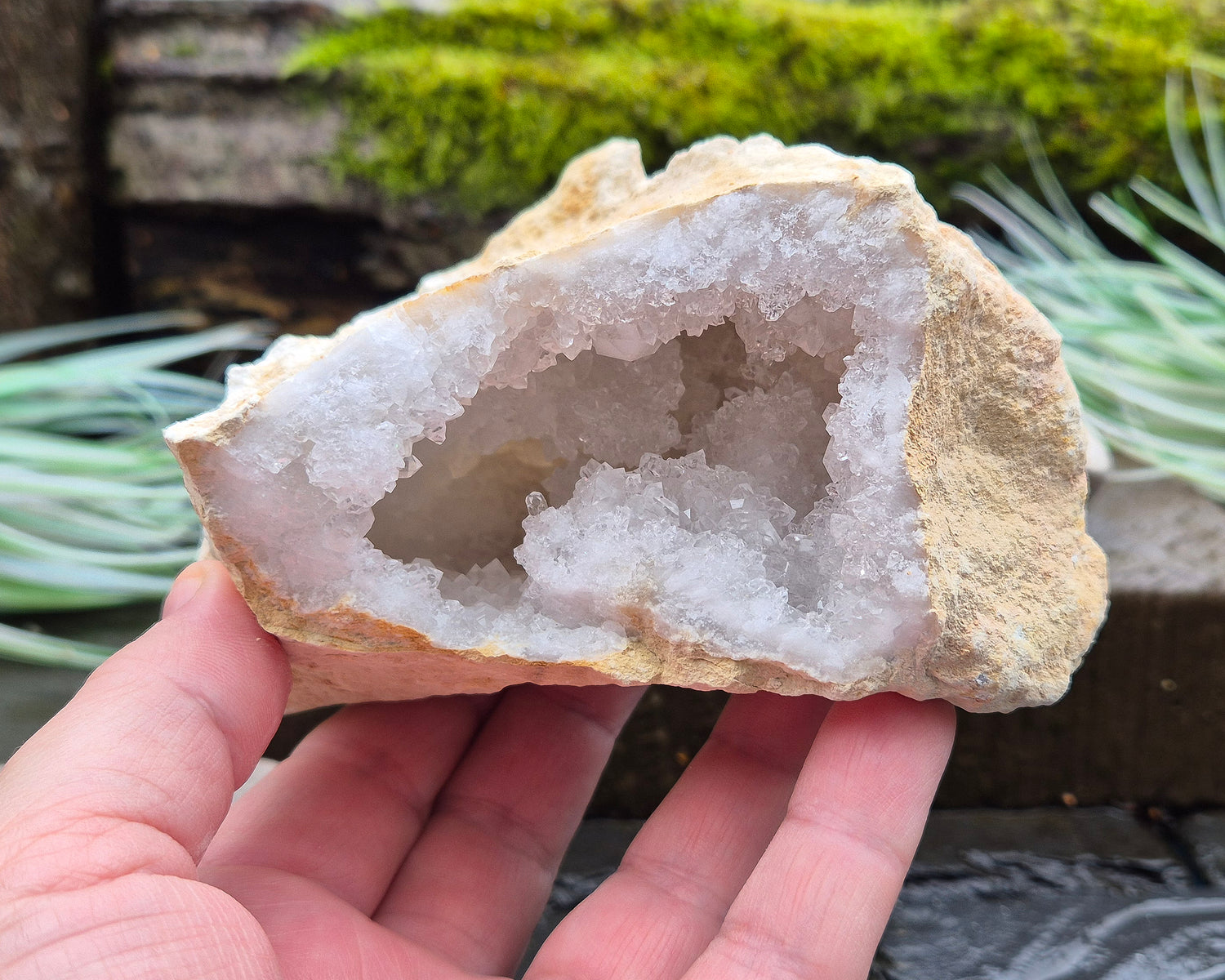 White Quartz Crystal Geode Pair, from Morocco. Lovely sparkling white quartz crystal formations in both sections of the geode. Both pieces self stand.