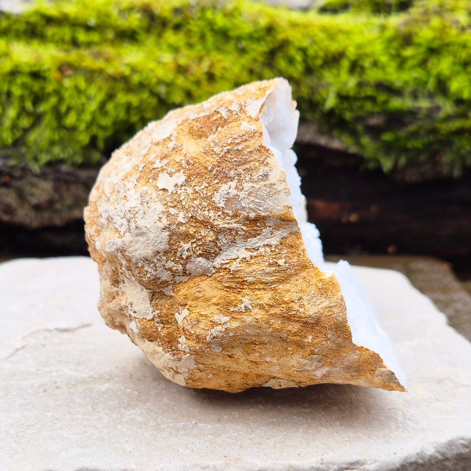 White Quartz Crystal Geode Half, from Morocco. Jam packed with lovely sparkling white quartz crystal formations. It can sit on its own on an even surface.