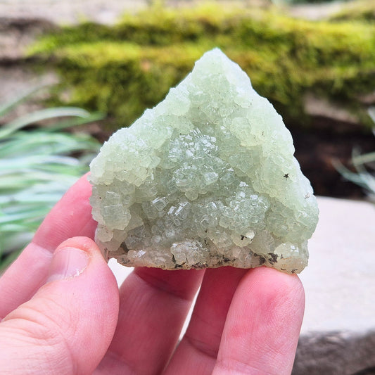 Natural Prehnite Crystal Cluster from New South Wales, Australia. Sparkly light green prehnite crystals on the top and a darker green colour on the other side.