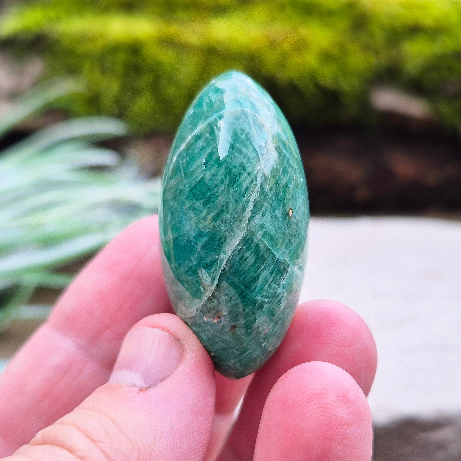 Amazonite Palm Stone or Galet. Really lovely deep green/blue colour. From Mozambique. Lovely quality.