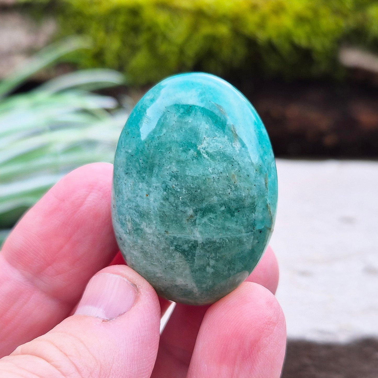 Amazonite Palm Stone or Galet. Really lovely deep green/blue colour. From Mozambique. Lovely quality.