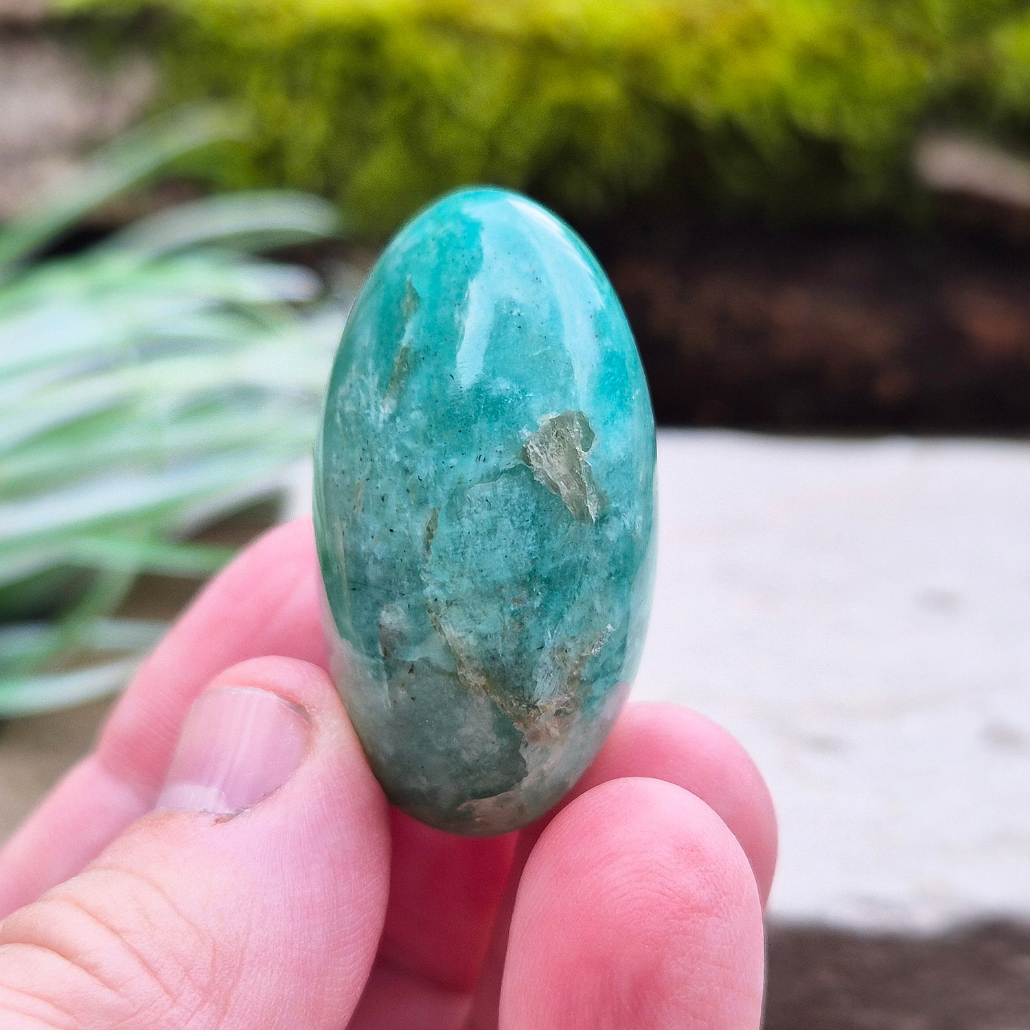 Amazonite Palm Stone or Galet. Really lovely deep green/blue colour. From Mozambique. Lovely quality.