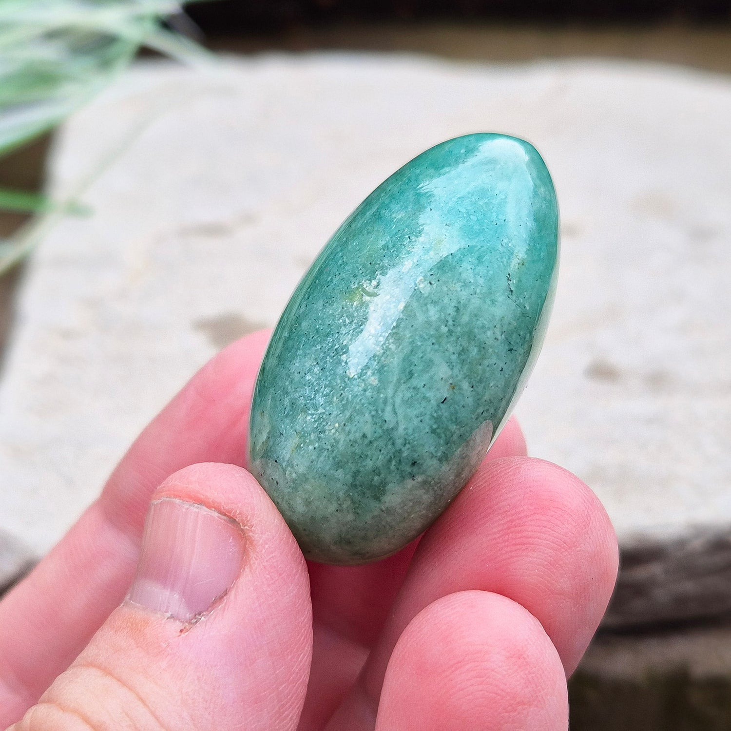 Amazonite Palm Stone or Galet. Really lovely deep green/blue colour. From Mozambique. Lovely quality.