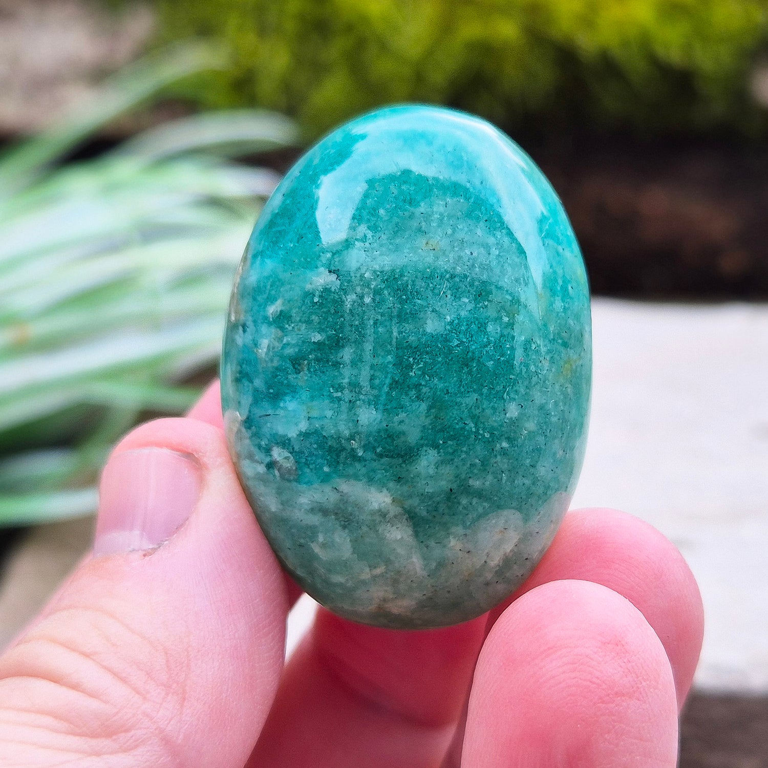 Amazonite Palm Stone or Galet. Really lovely deep green/blue colour. From Mozambique. Lovely quality.