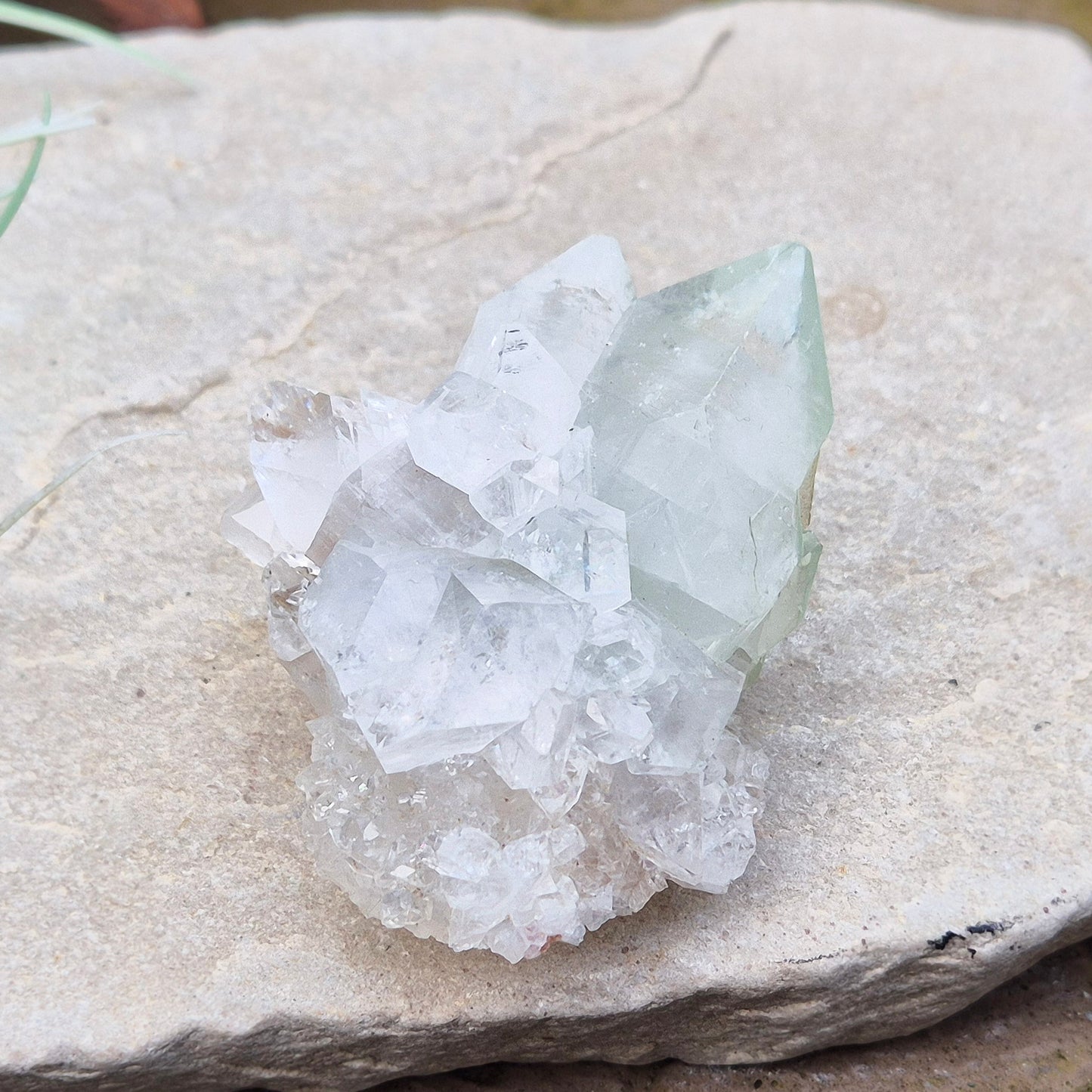 Apophyllite Crystal Cluster From India. Great quality crystal clear Apophyllite crystal formations in this cluster, the larger point has a light green 'tint' to it